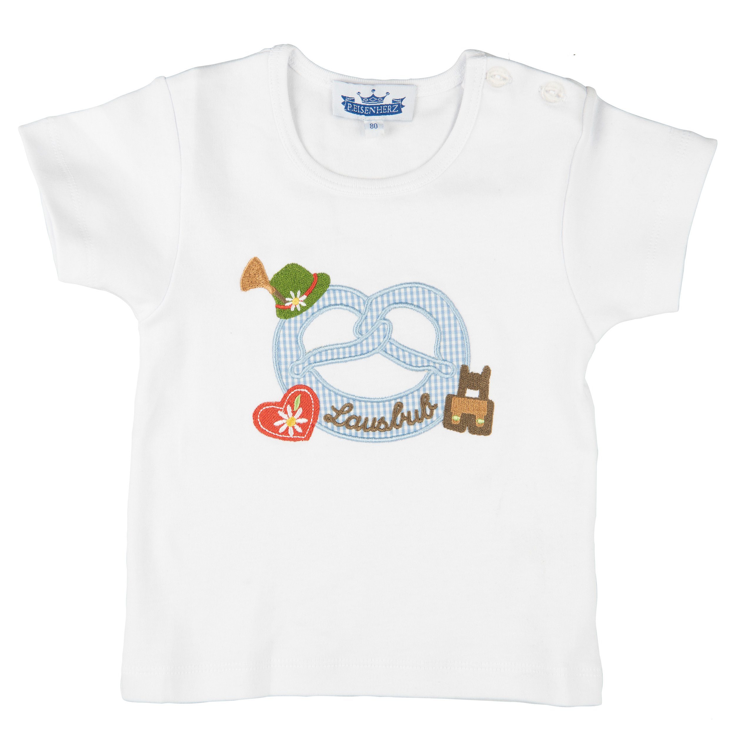 Trachtenshirt T-Shirt Motiv "Brezl" mit Tirolerhut u. Stickerei Lausbub 110