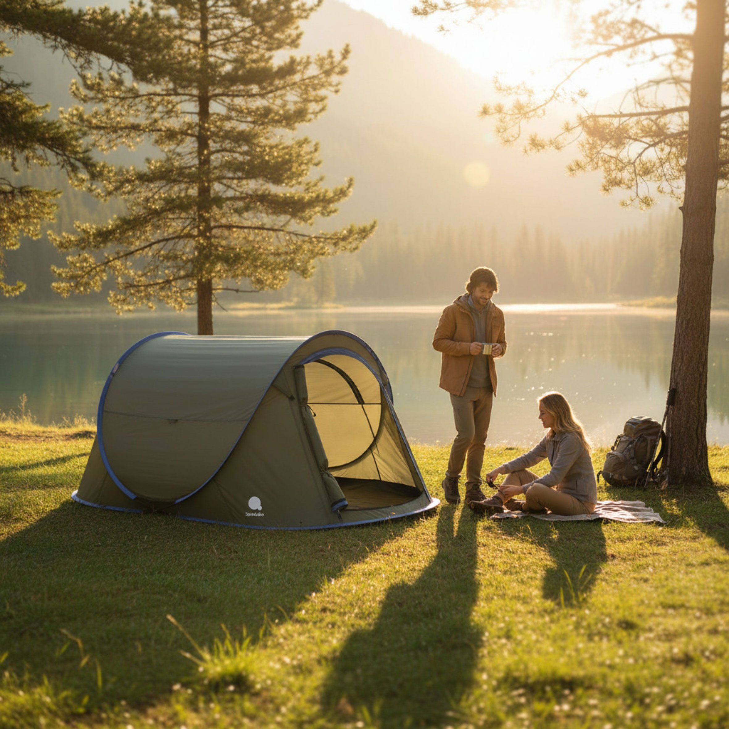 Spetebo Wurfzelt XXL Pop Up Wurfzelt grün 240 x 210 cm, Personen: 3 (Packung, 1 tlg., mit Transporttasche, Heringen und Spannseilen), Sofortzelt für Trekking und Camping