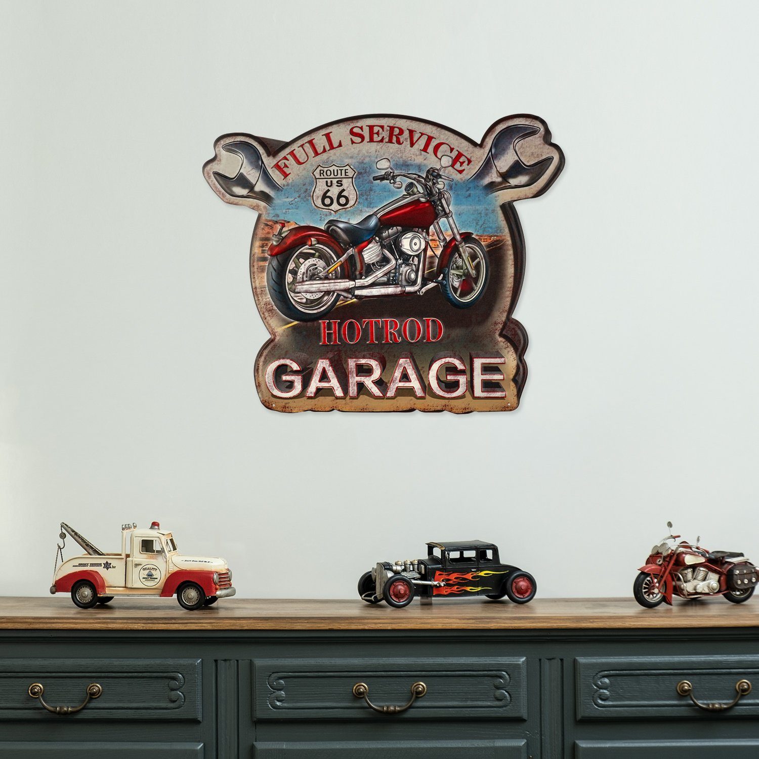 Moritz Metallschild US Route 66 USA Motorrad Rot Bike Garage Amerika, Vintage Retro Deko Schild Metallschild Wandbild Schild