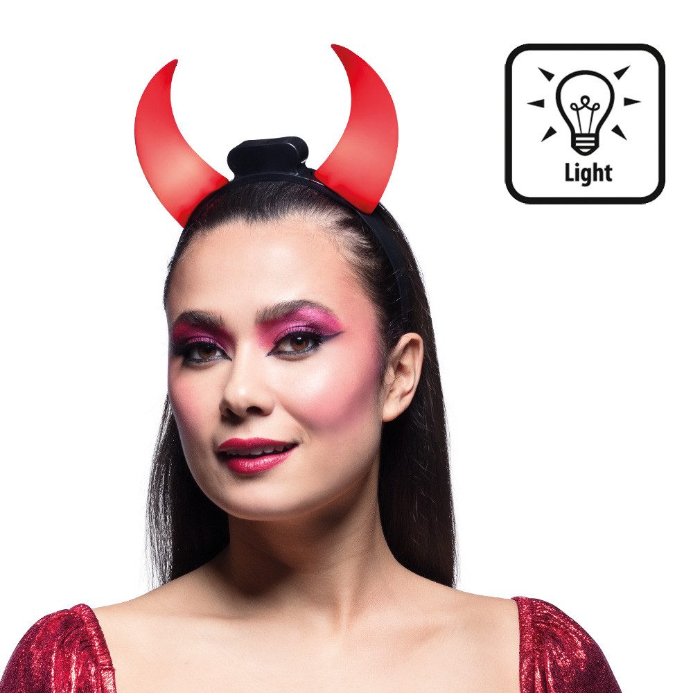 Boland Teufel-Kostüm LED Diadem Teufelshörner rot leuchtender Party Haarreif Teufel Hörner, LED-Diadem mit leuchtenden roten Teufelshörnern