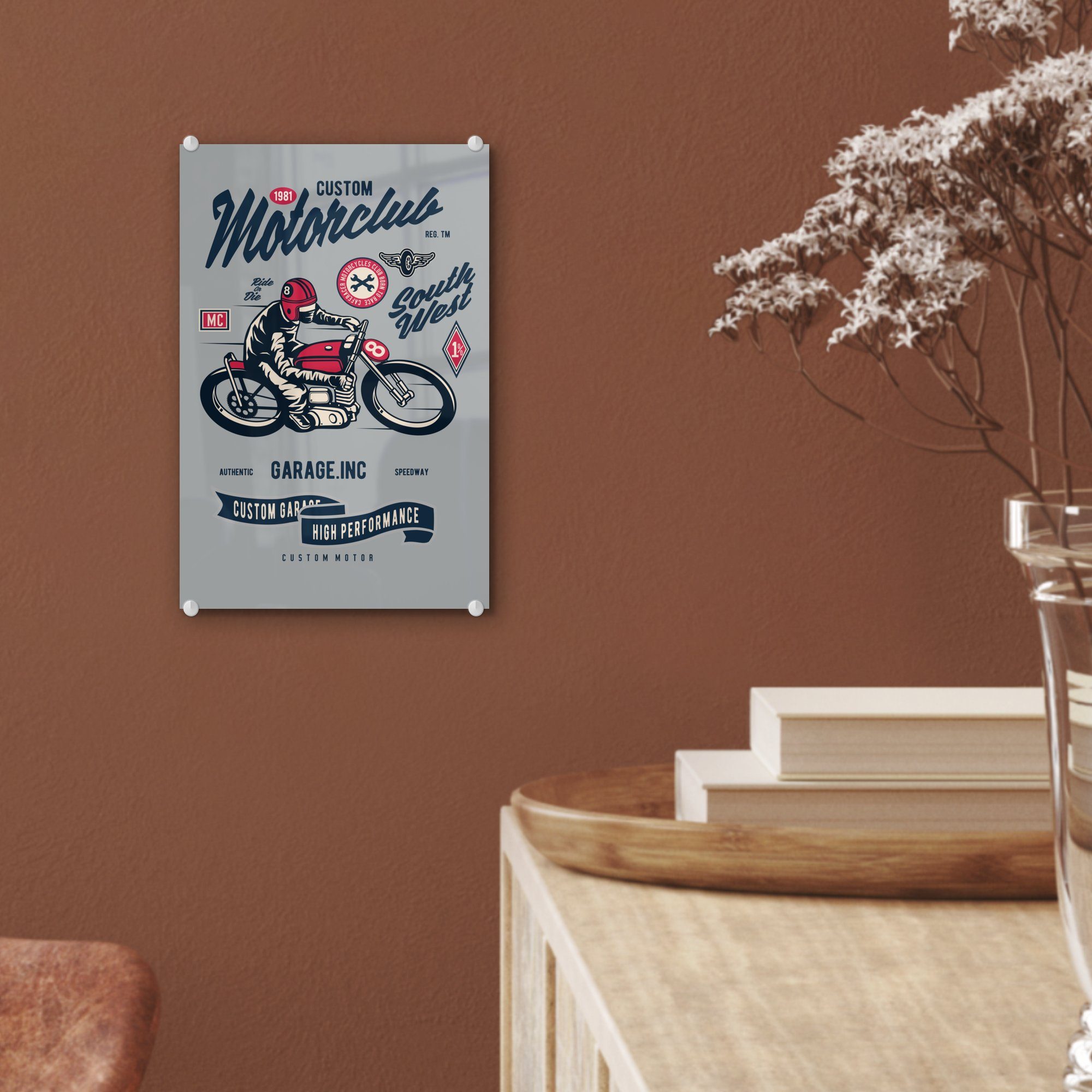 - Glas Acrylglasbild Kleidung MuchoWow auf - - - (1 Glasbilder Glas Bilder Wandbild Wanddekoration Motorrad Foto - St), Retro, auf