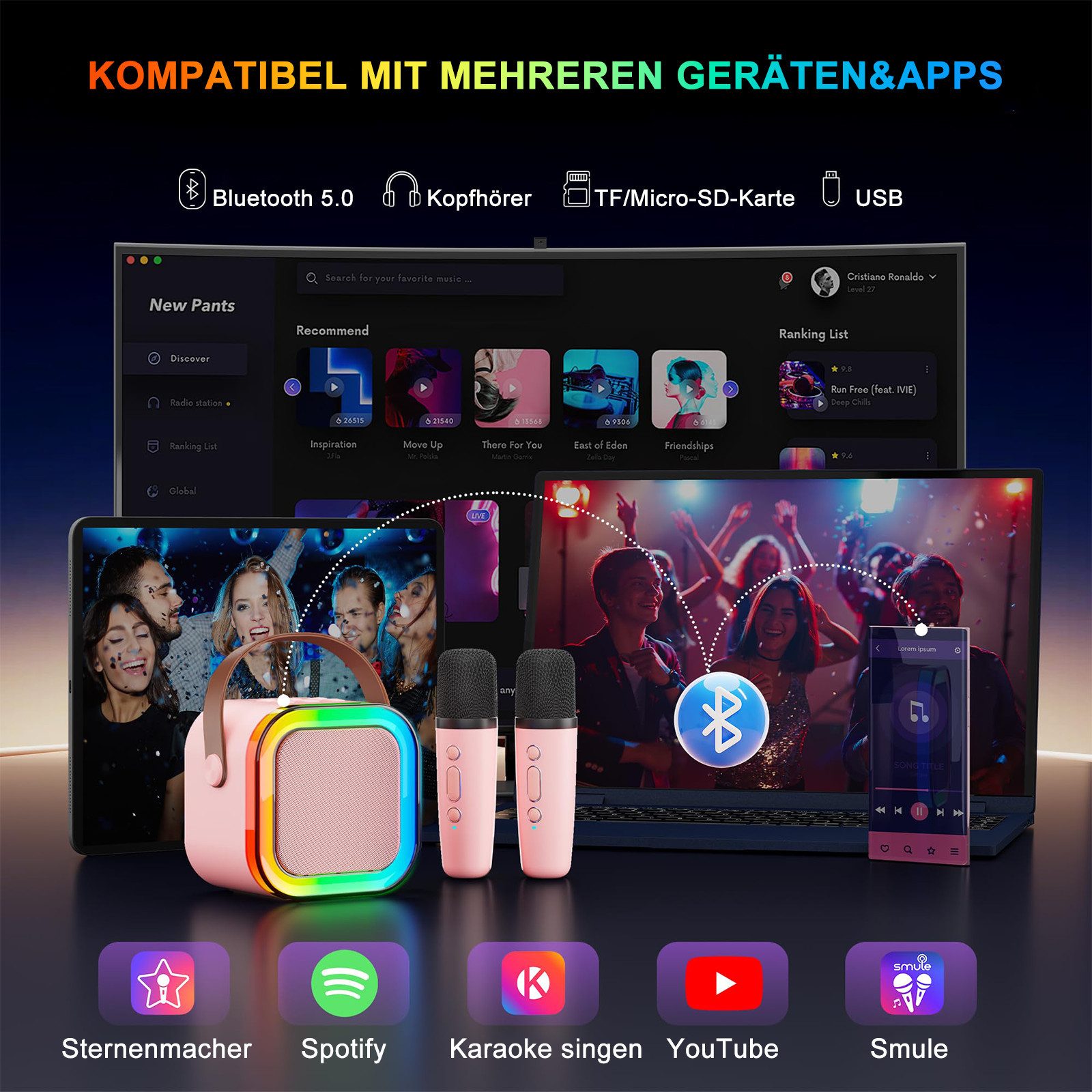MOPUEA Karaoke-Maschine mit 2 kabellosen Mikrofonen, Mini-Karaoke-Set Bluetooth-Lautsprecher (Bluetooth, 5 W, Partygeschenk, tragbar, Geschenke) – Bild 4 von 5