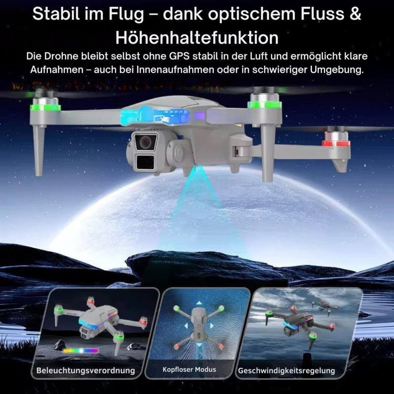 Goldstern-Tech RC-Quadrocopter F177 (1080P Live-Display Controller, elektrische Kameraneigung, Sensor-Stabilisierung), Smart unterwegs – mit App-Steuerung, 4-Wege-Hinderniserkennung