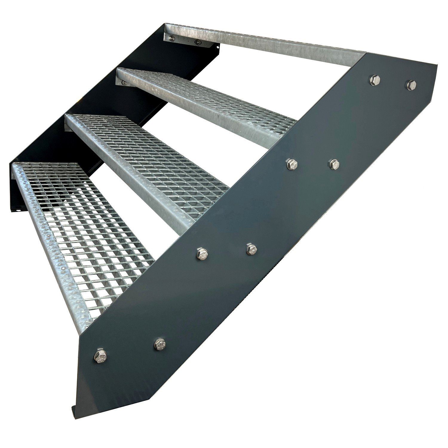 Kaminbau Mierzwa Außentreppe Premium Treppe Komplett Anthrazit Höhe Verstellbar, für Geschosshöhen bis 76 cm, Stufen Gitterroststufen nach DIN 24531, (Höhe 76 cm, Breite wählbar aus 60, 80, 100, 120, 140 cm), Gartentreppe Stahltreppe Wetterfest Rostfrei Feuer-Verzinkt Rutschfest