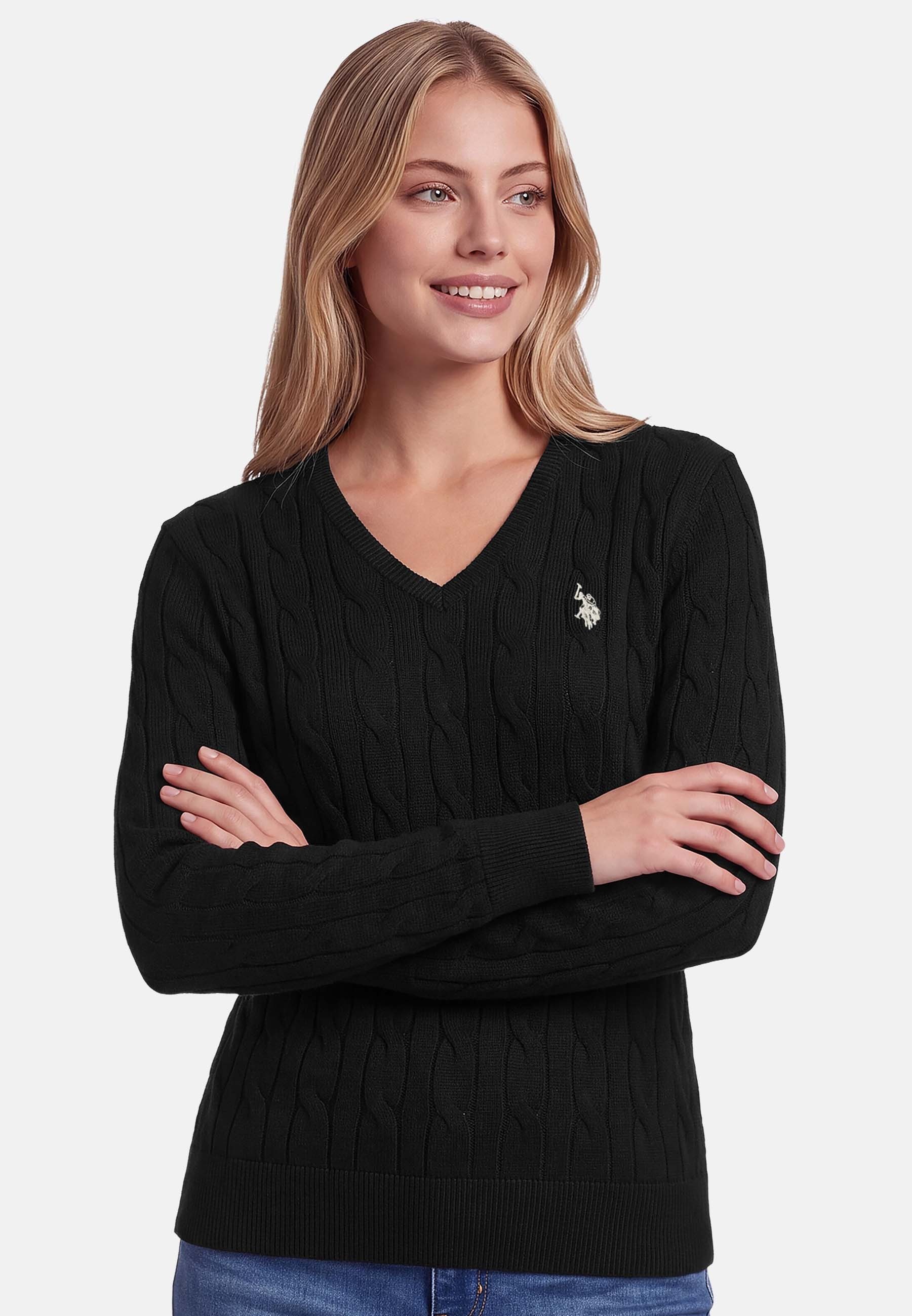 U.S. Polo Assn. Rundhalspullover mit Zopfmuster und V-Ausschnitt Klassischer Strickpullover mit Rippbündchen und dezenter Logostickerei – Bild 2 von 5