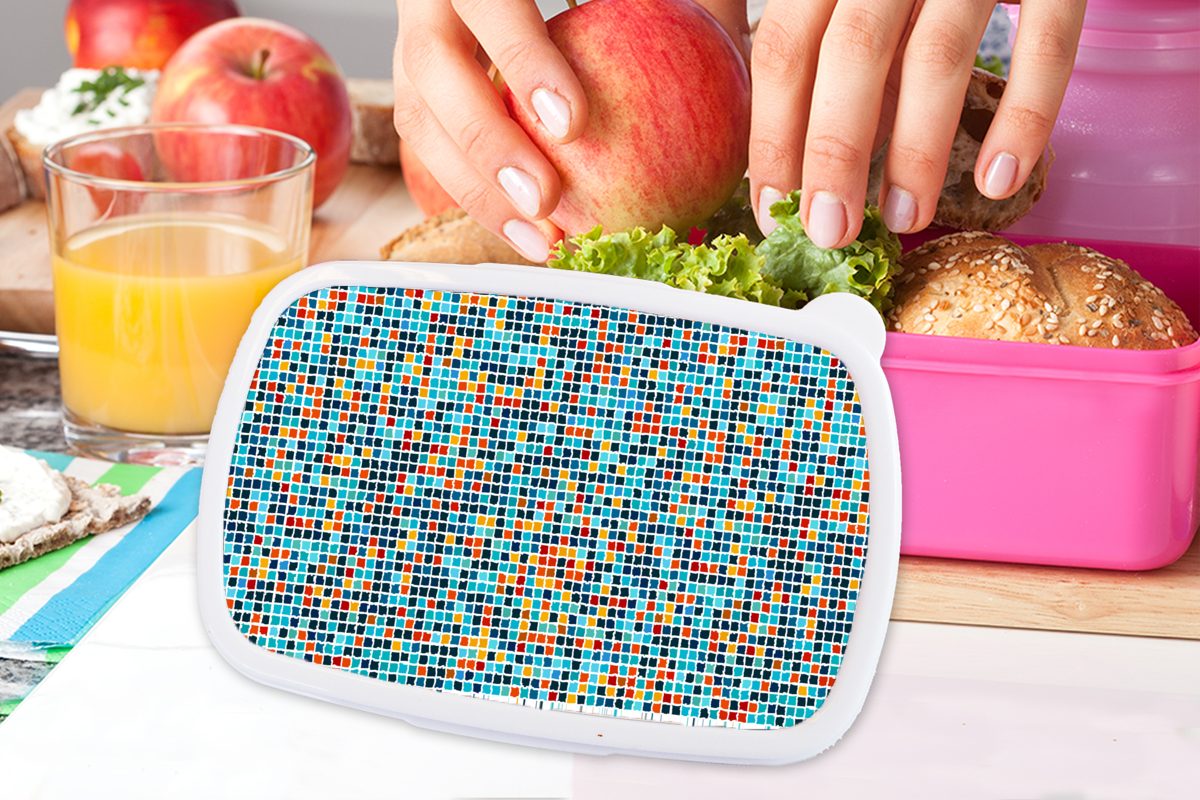 Brotdose Muster, - Mosaik MuchoWow (2-tlg), Kunststoff Brotbox Erwachsene, Snackbox, für Mädchen, rosa Lunchbox Kacheln Pixel - Kunststoff, - Kinder,