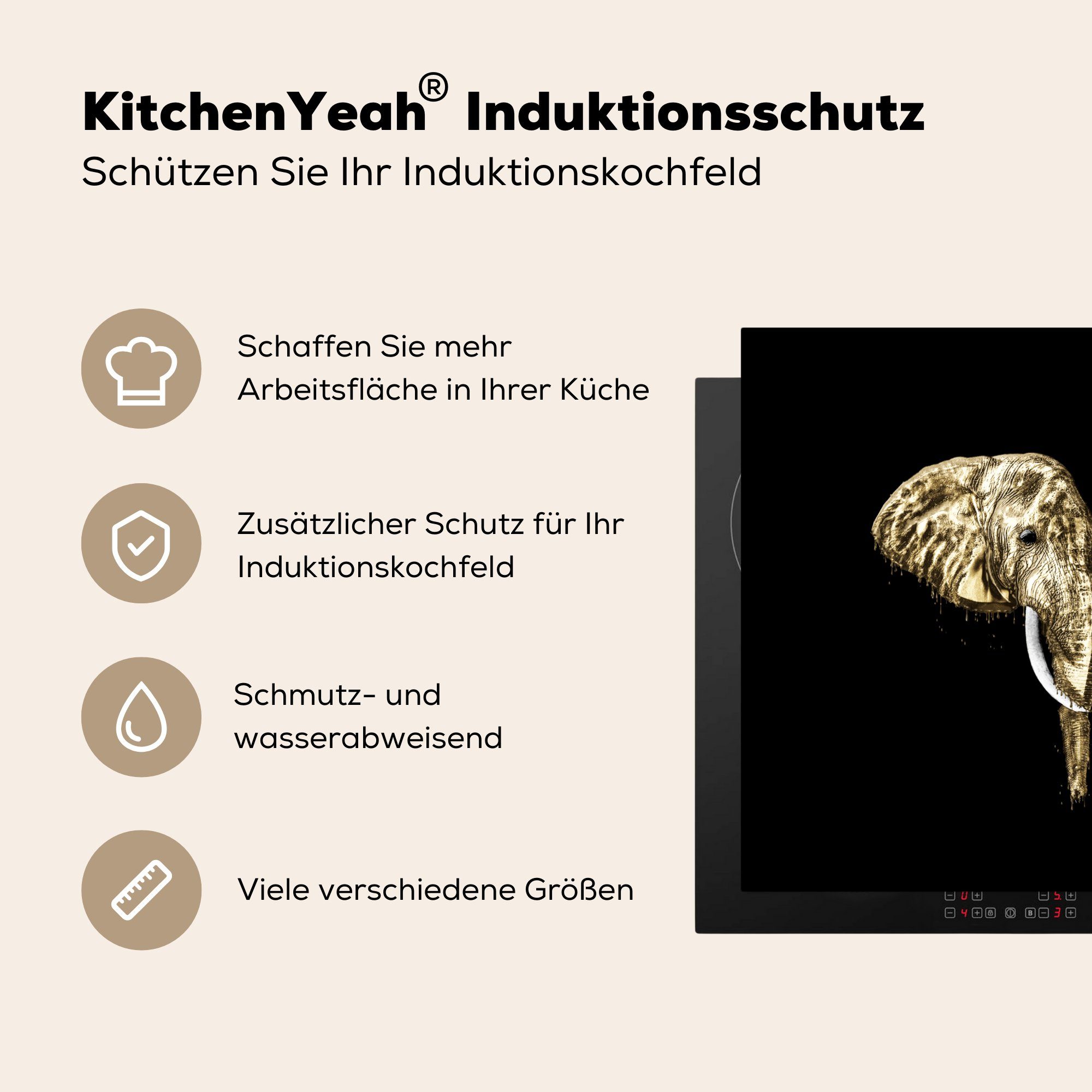 MuchoWow Herdblende-/Abdeckplatte Elefant - Ceranfeldabdeckung, Arbeitsplatte für küche (1 Zähne, cm, tlg), Vinyl, Gold 78x78 