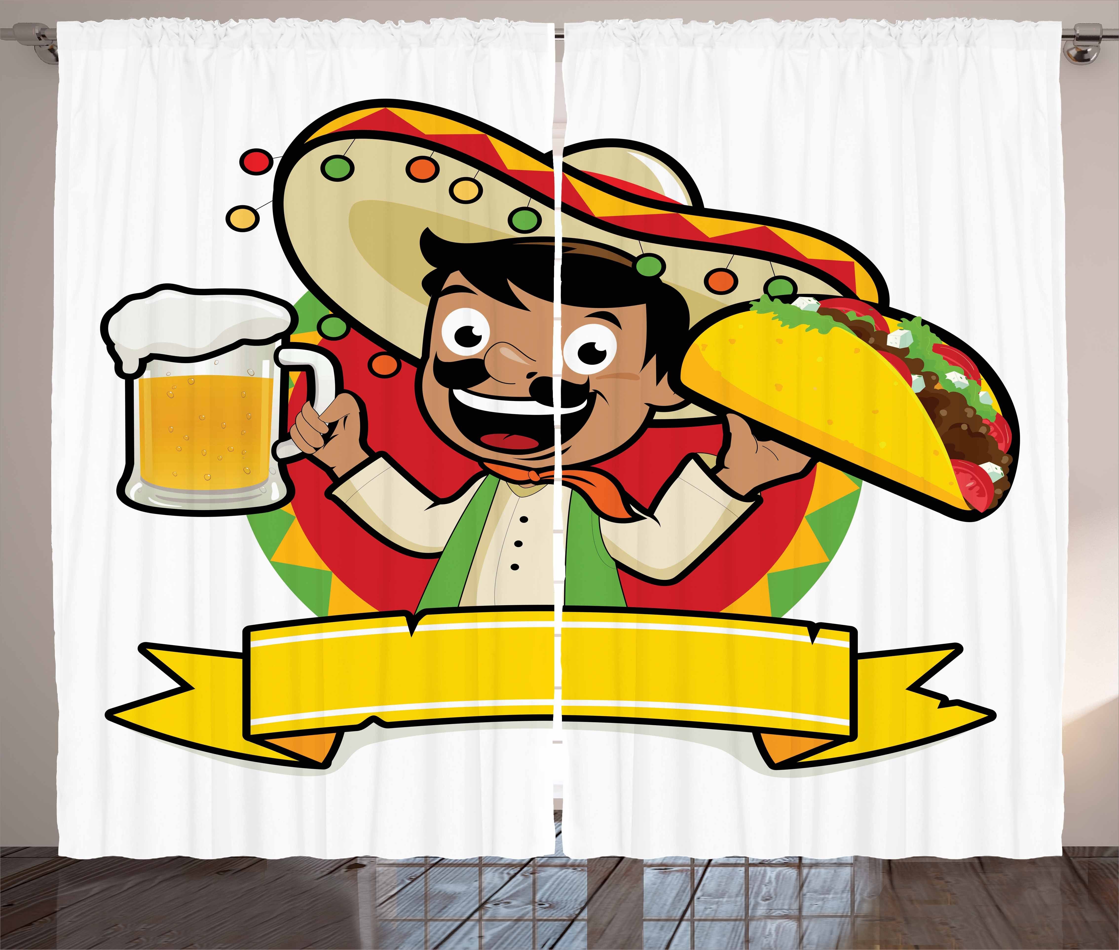 Gardine Schlafzimmer Kräuselband Vorhang mit Schlaufen und Haken, Abakuhaus, Mexikaner Mann mit einem Bier und Taco