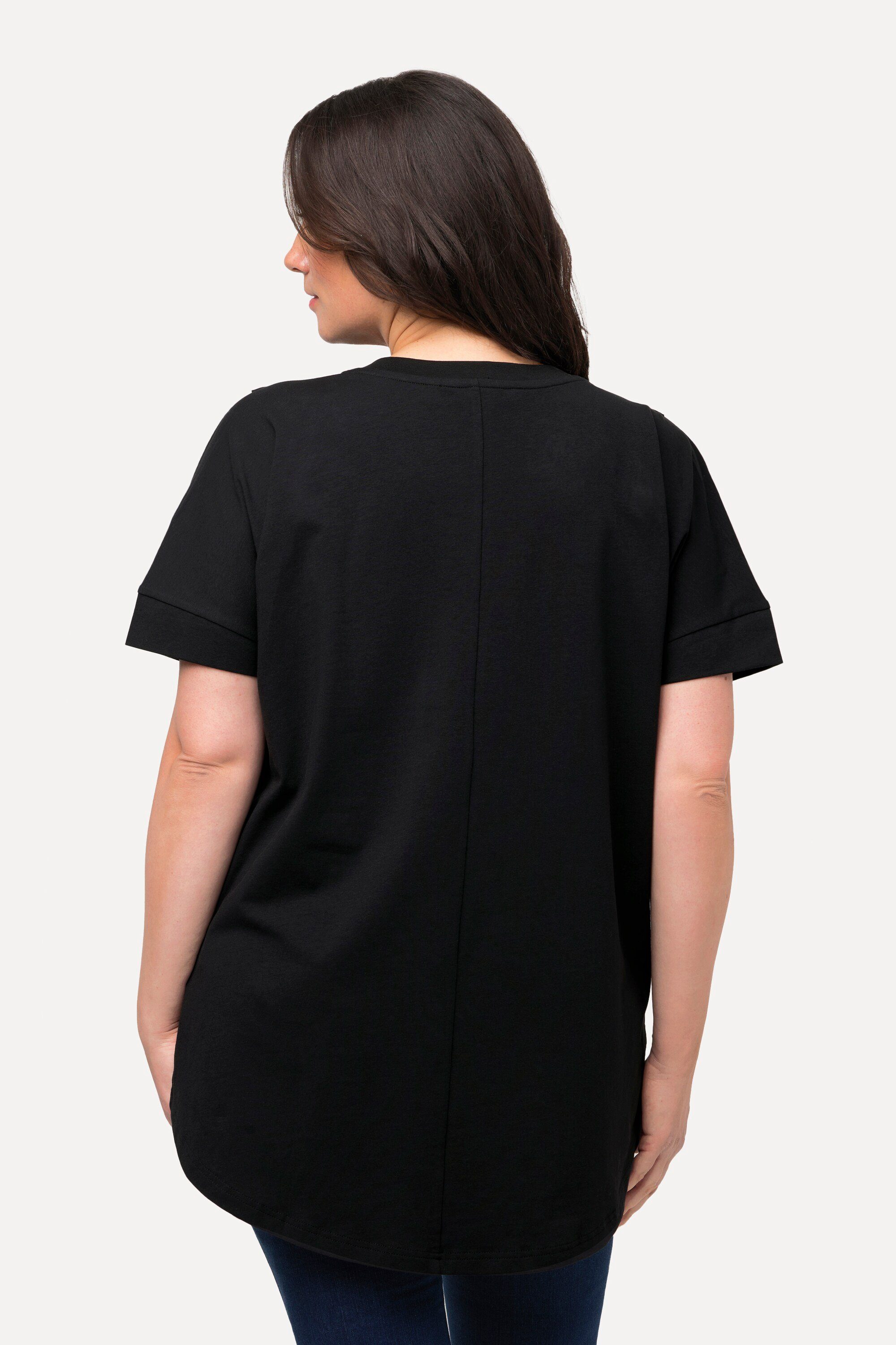 Ulla Popken Rundhalsshirt Longshirt Oversized V-Ausschnitt Zierfalten schwarz