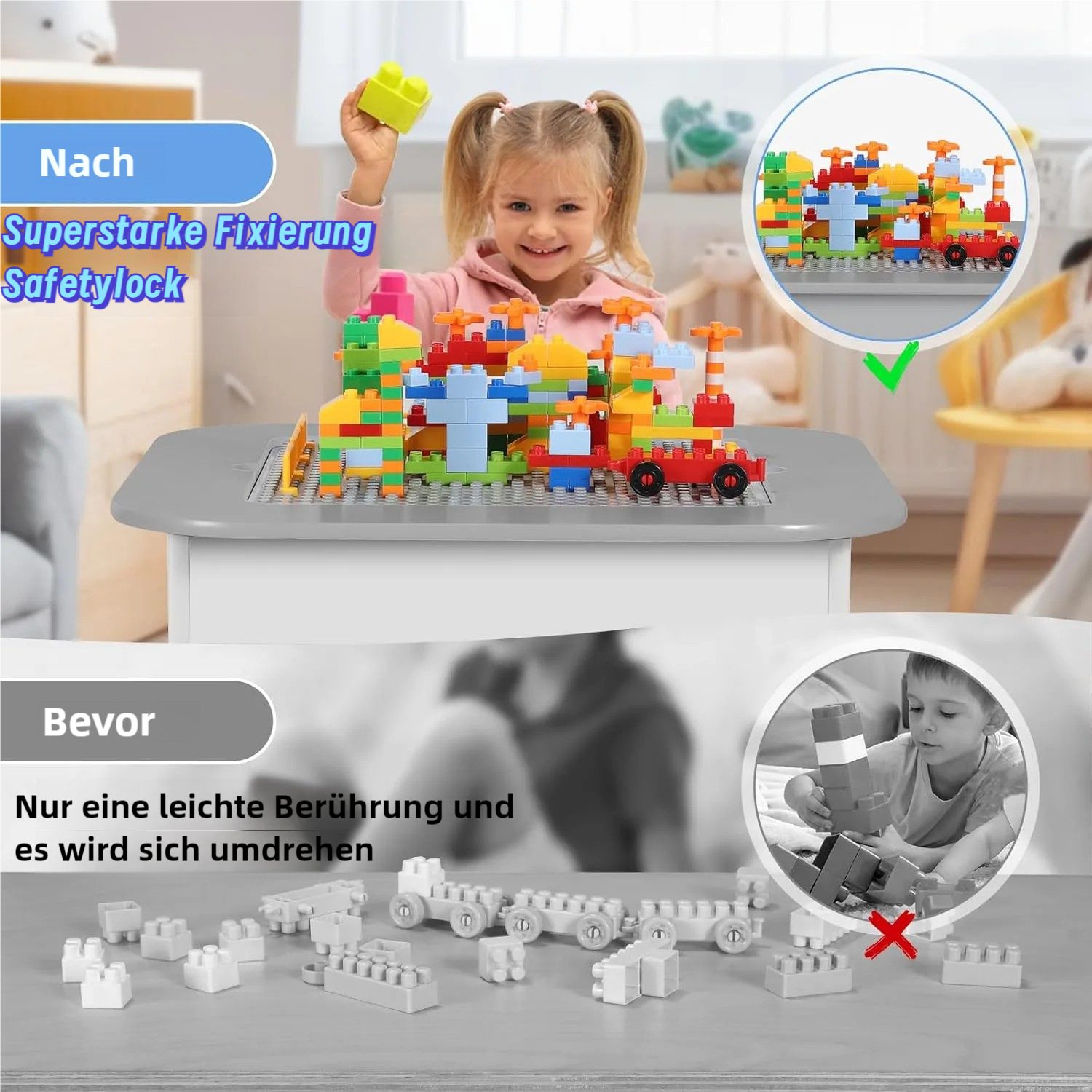 TLGREEN Kindertisch 4-in-1 Multifunktionstisch Set mit 2 Stühlen (Doppelseitenplatte (Maltisch/Bauplatte) und Stauraum, Kindermöbel für Kinderzimmer, Stauraum), Ideal für 3-7 Jahre