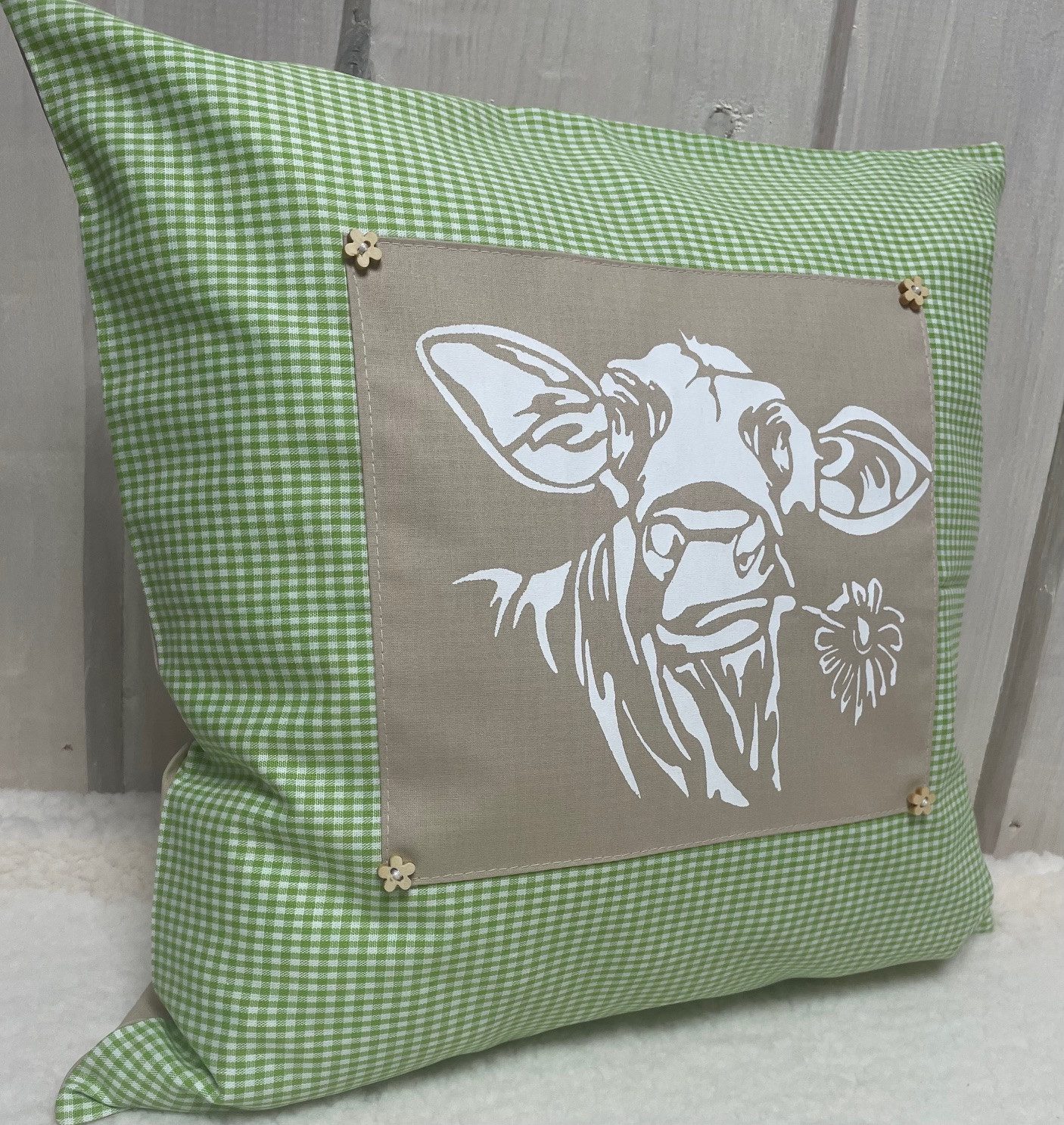 Ammerkind Dekokissen Landhausstil Kissenbezug *Kuh* grün/beige kariert, Kissenhülle ohne Füllung, In Deutschland hergestellt, 100% Handarbeit