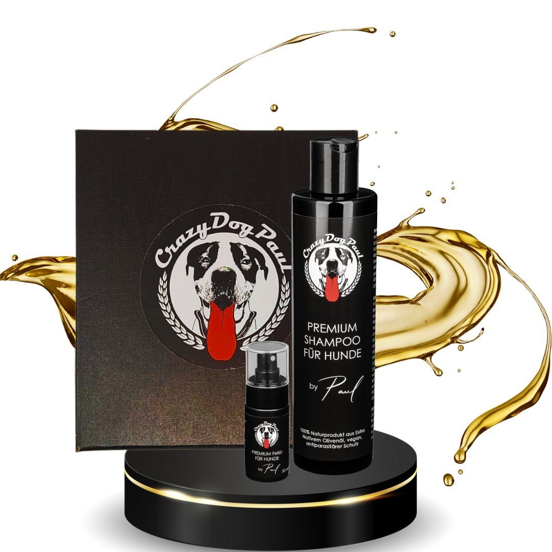 CrazyDogPaul Tiershampoo PREMIUM Hunde- Luxusfellpflege-Set, (Geschenkbox, 2-St., 1 x Shampoo, 1 x Fellpflege), wirkt vorbeugend gegen Zecken, Milben, Läusen, Flöhen u.a. Parasiten