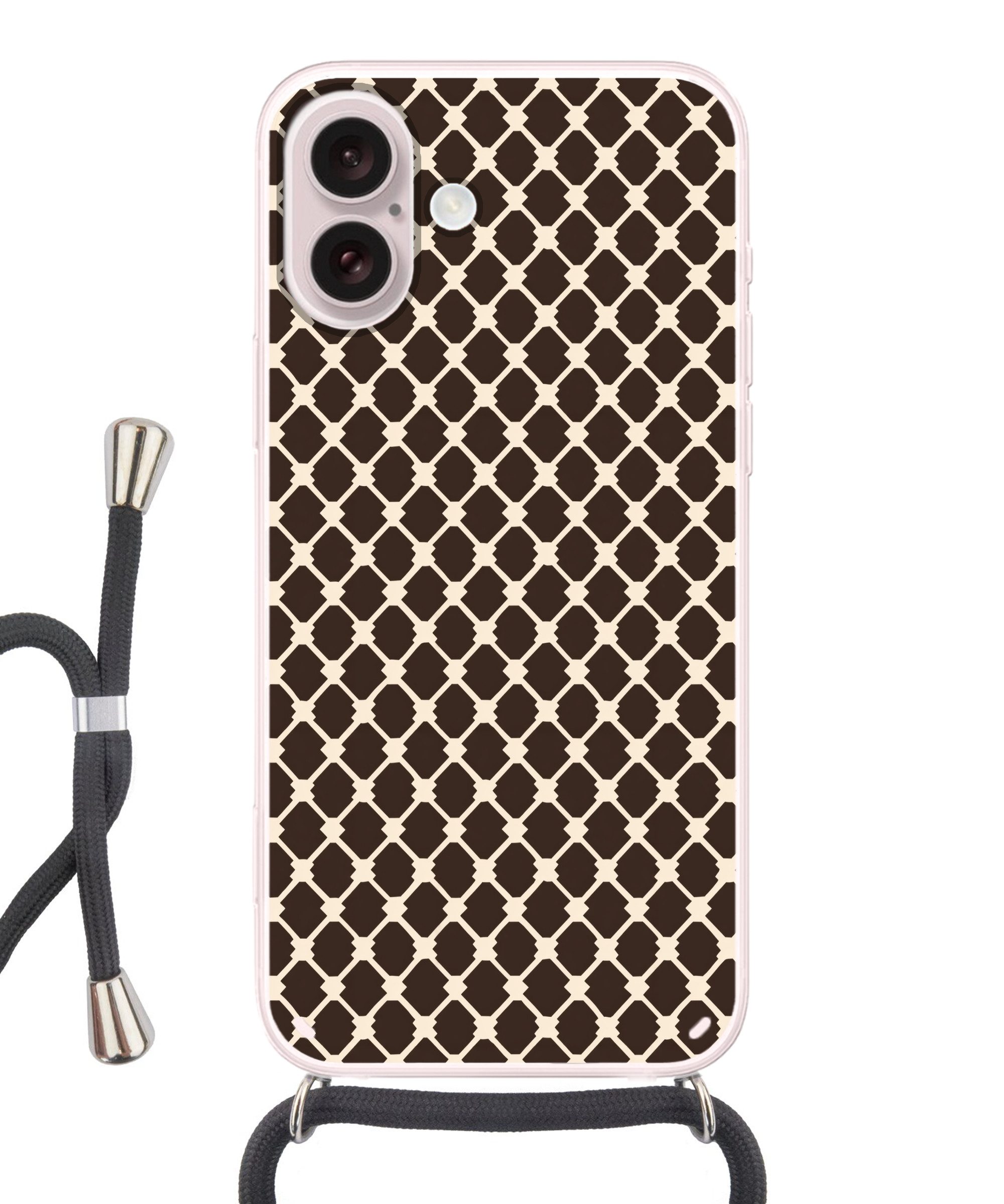MuchoWow Handyhülle für Apple iPhone 16 Braun - Schachbrettmuster - Geometrisch, Tragbare Handyhüllen mit Kette zum umhängen, Handykette Handyband