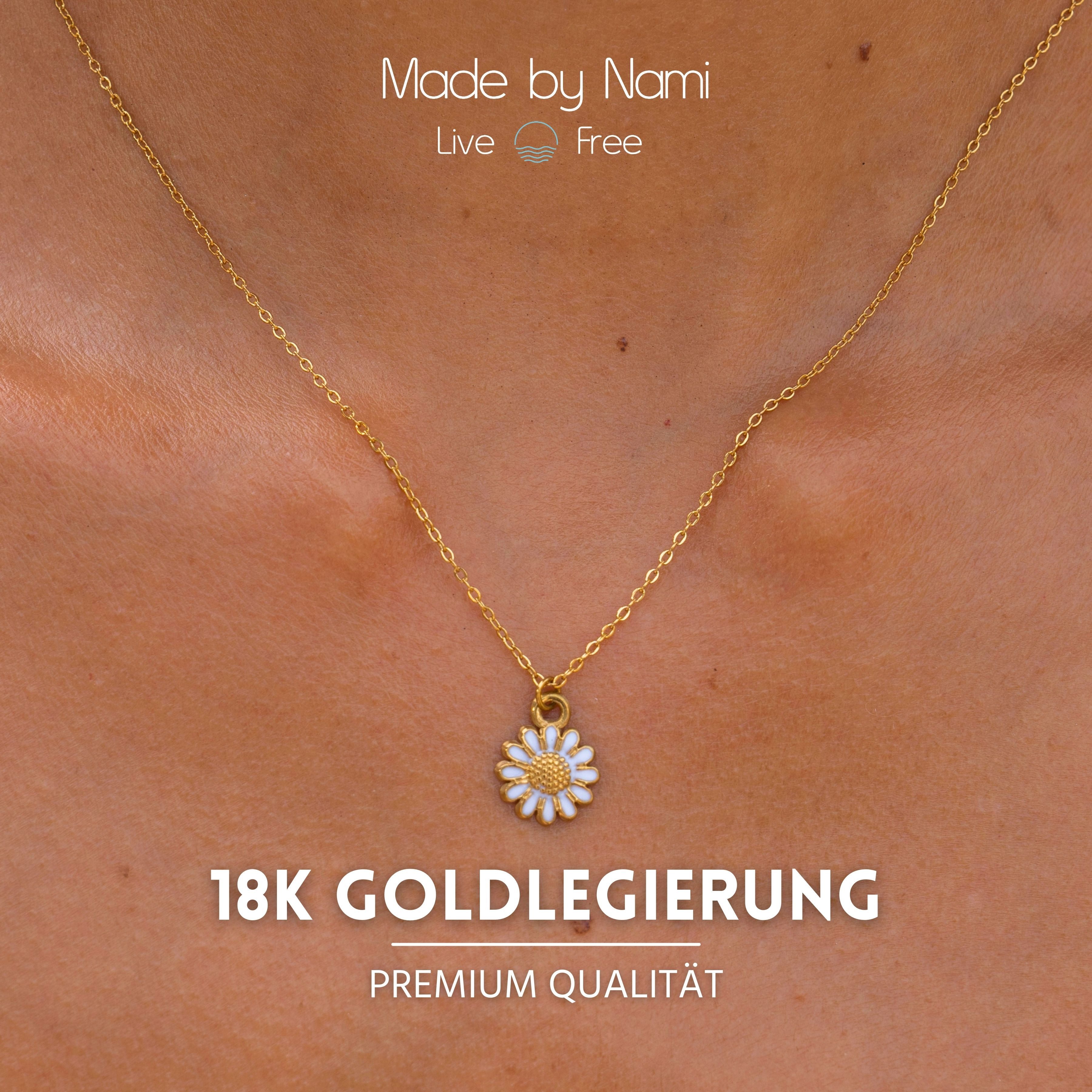 Made by Nami Kette mit Anhänger Gänseblümchen oder Sonnenblumen Anhänger-Kette aus Chirurg. Edelstahl, Freundschaftskette Gold Schmuck Hypoallergen Wasserfester Schmuck
