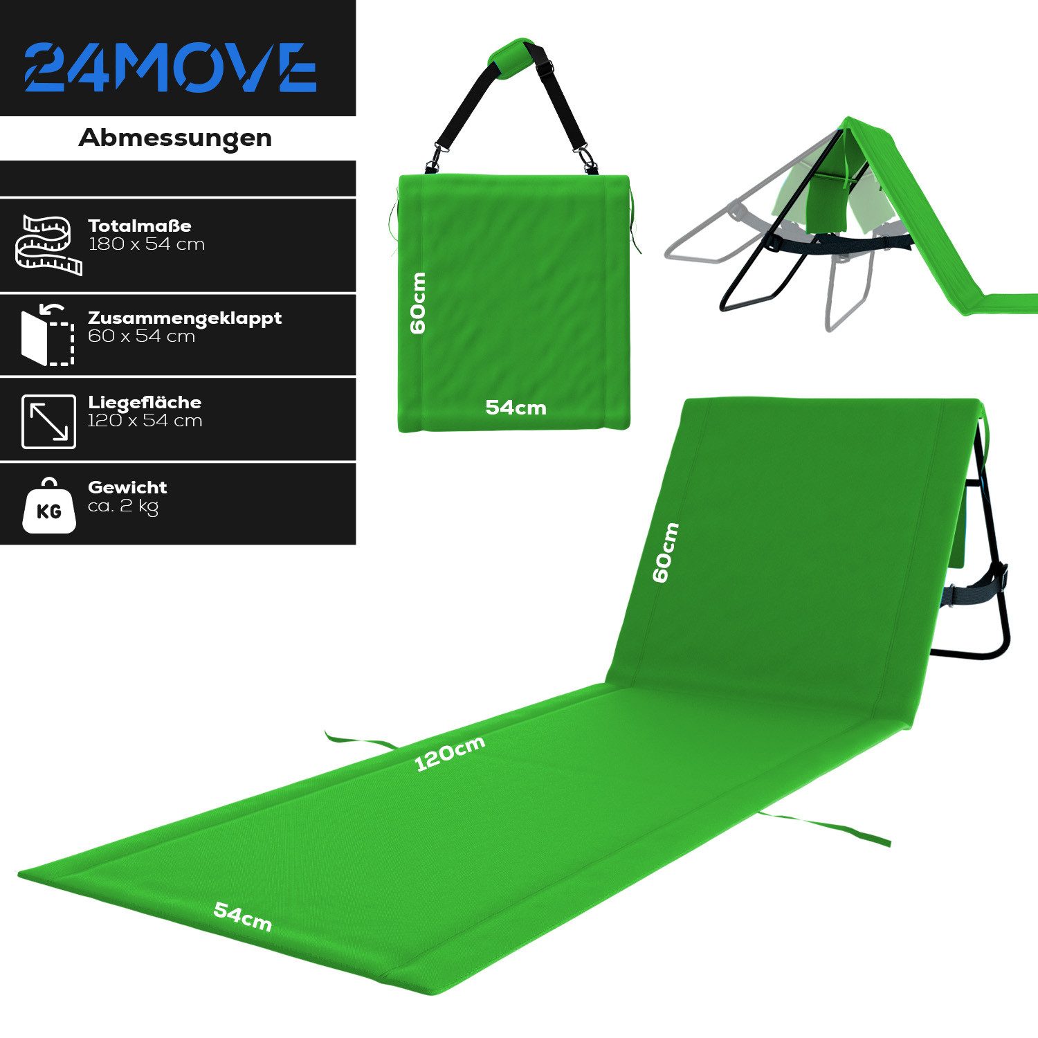 24Move Strandtuch, Strandmatte Set, Klappbare Campingliege, Tragetasche, (für Urlaub oder Garten), faltbar Tasche und Gurt, 2er Set, grün, Strandtuch