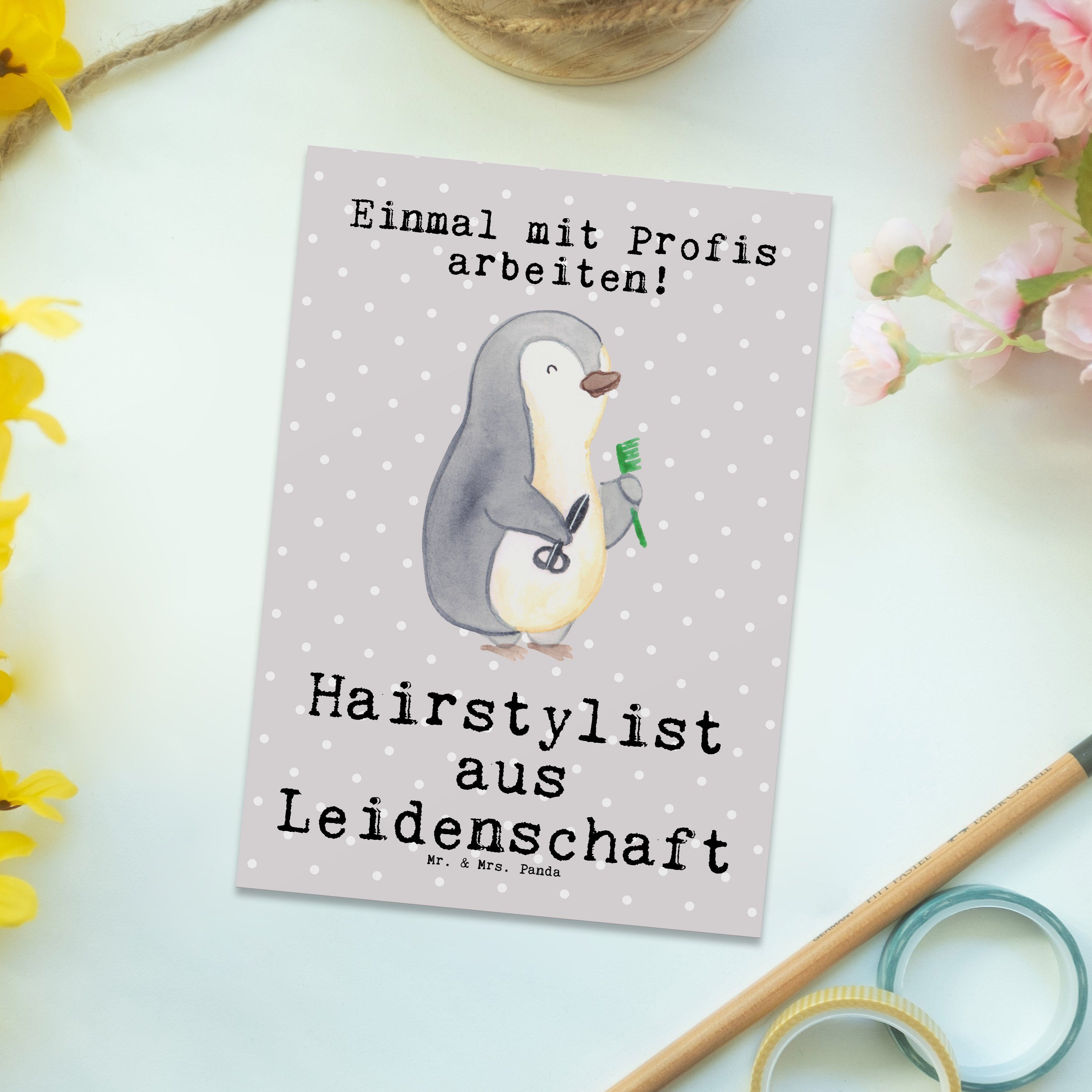 Leidenschaft - Panda aus & Haarstylist Postkarte Geschenk, Mrs. Hairstylist Grau Mr. - Pastell