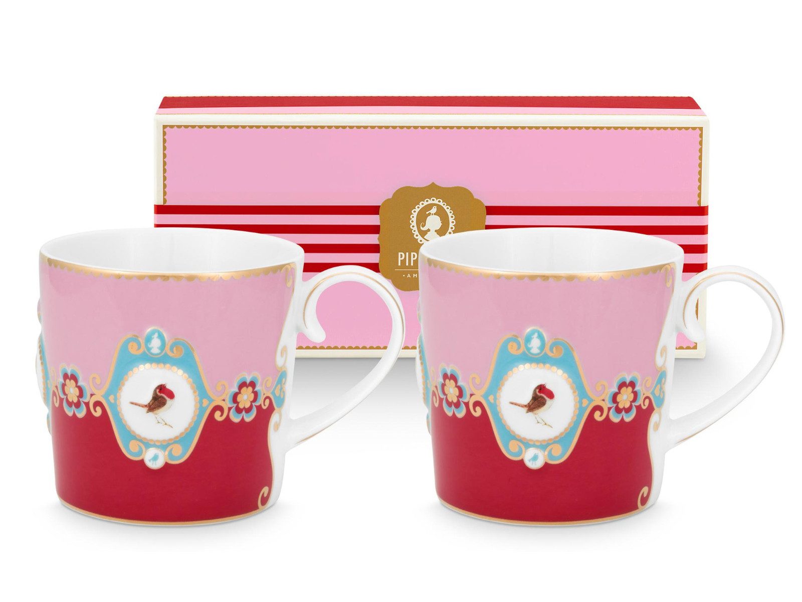PiP Studio Becher Love Birds Medallion Red-Pink Henkelbecher Small 0,15l Set2, Porzellan