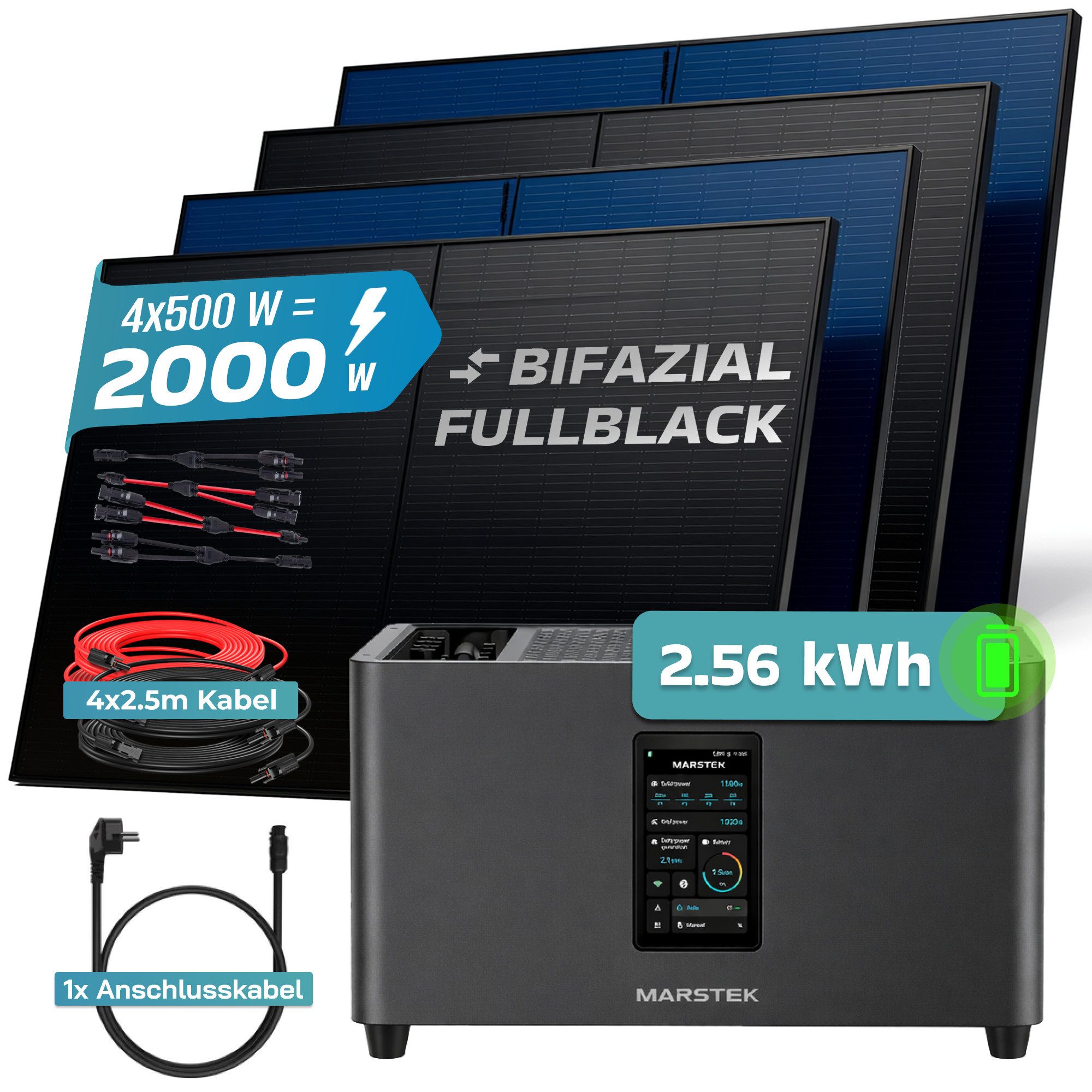 SUNNIVA Balkonkraftwerk 2000W Balkonkraftwerk mit 2,56 kWh Speicher MARSTEK Jupiter C + Plus, (BIFAZIAL FULLBLACK komplett Steckdose, PV Solaranlage Komplettset – Bild 2 von 5