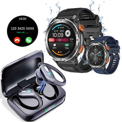 HYIEAR Smartwatch Damen Herren (1,43),Anruffunktion, Bluetooth Kopfhörer,5.3 Smartwatch, 2 austauschbare Armbänder, Fitness-Tracker, Schlaf, Kalorienverbrauch, Kopfhörer mit LED-Anzeige, IP5 wasserdicht, Mikrofon 50-80.000 Hz