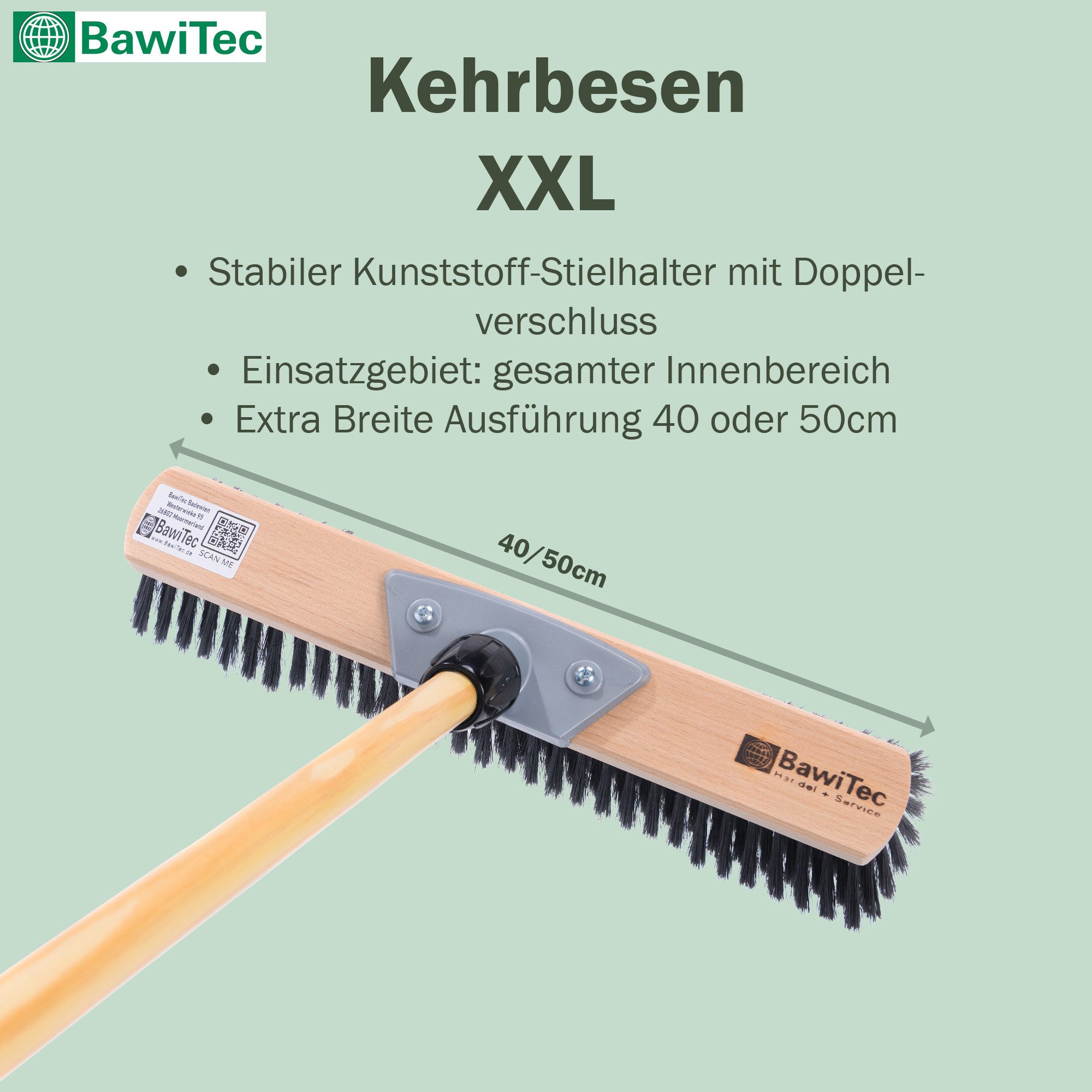 BawiTec Abziehbesen Hochwertiger Besen mit Stiel Holz Kehrbesen Holzstiel Breit Lang, Fliesen, Laminat, Parkett, Vinyl, PVC, Holz, Steinzeug, (Kehrbesengarnitur, Komplett-Set)