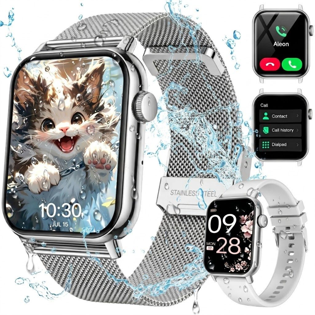 Forrlite 2026 Neues Smartwatch Damen Herren mit Telefonfunktion, Smartwatch 1.85'' HD Fitnessuhr,Silikonarmband + Metallarmband Kombinationsset,Smart Watch for Women mit 200+ Sportmodi,Fitness Tracker mit Herzfrequenz,SpO2,Schrittzähler & Schlafmonitor,IP