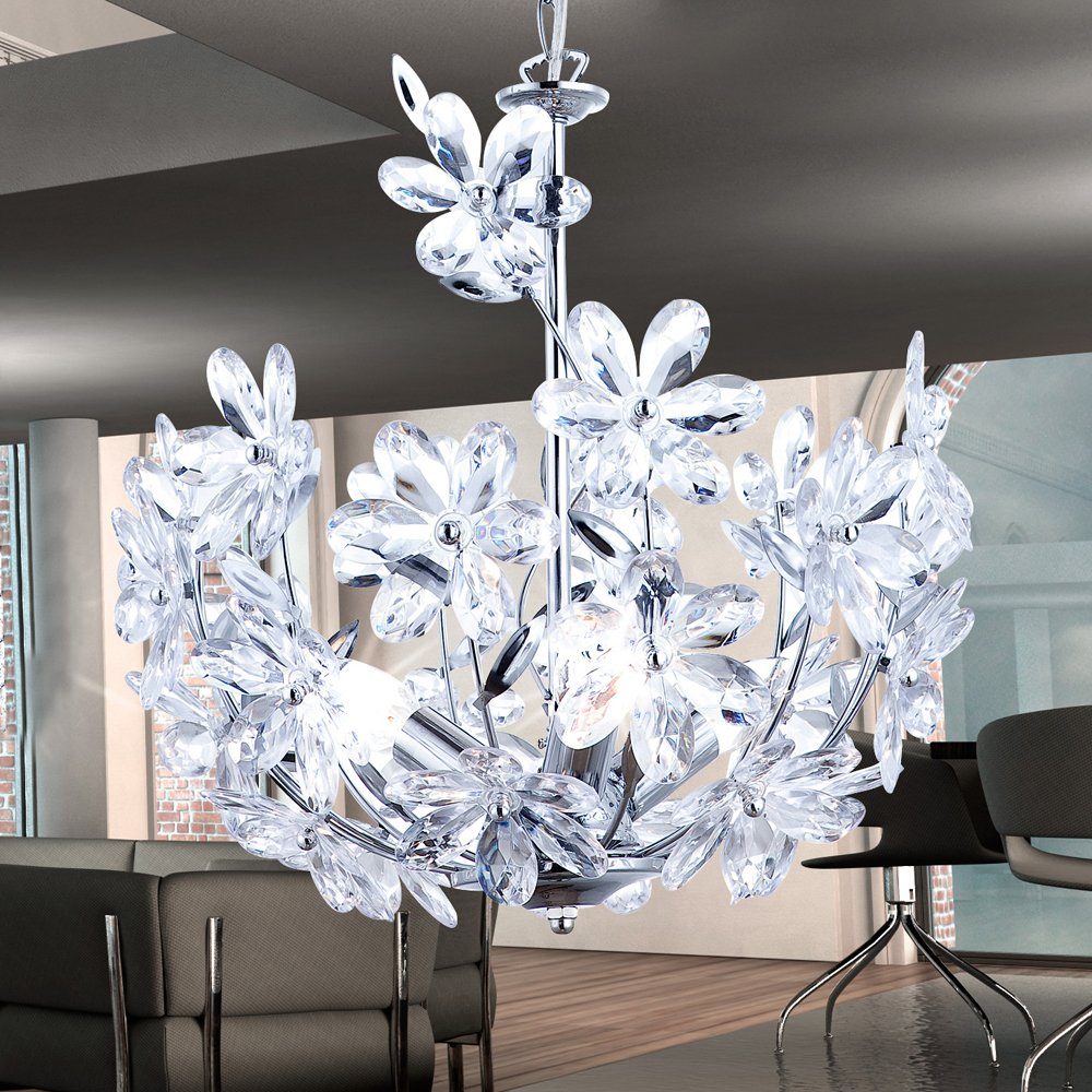 etc-shop LED Blume Pendelleuchte, inklusive, Leuchtmittel 9 Wohnzimmer Watt Blüten Warmweiß, Deckenlampe Hängelampe Acryl LED Chrom