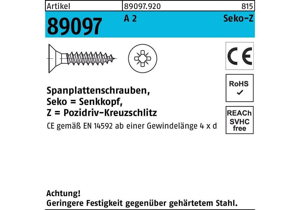 Sechskant-Holzschraube Spanplattenschraube R 89097 SEKO Kreuzschlitz-PZ VG 6 x 60 -Z A 2