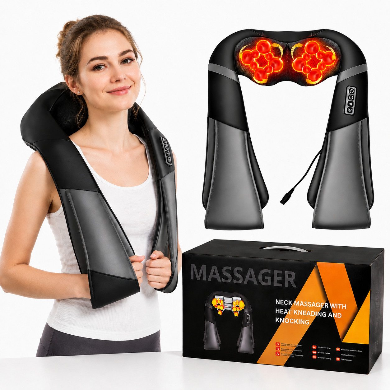 Toomoke Massagegerät für Nacken, Schultern und Taille, Shiatsu-Massage zum Kneten und Klopfen für mehrere Körperzonen, 18 Massageköpfe, 3 Intensitäten, Wärme, 15-Min. -Timer, Handschlaufen
