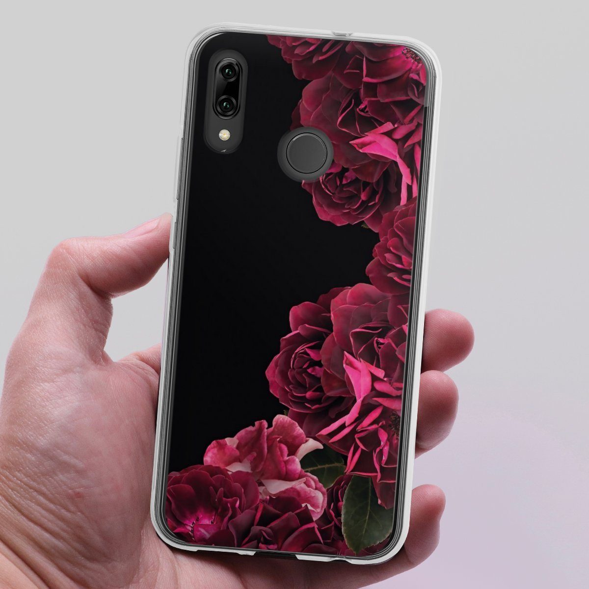 OOH!COLOR Hülle kompatibel mit Huawei P Smart 2019 Handyhülle Silikon transparent Ultra dünn durchsichtig Blumen Bumper Case mit Motiv zarte Rosen EINWEG 