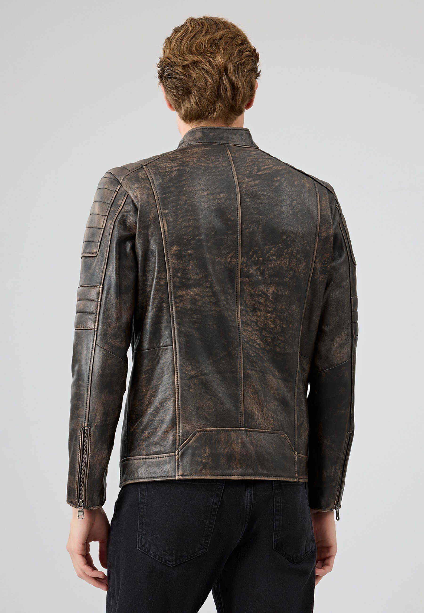 Derimod Lederjacke Morant Vintage Slim-Fit Lederjacke Slim Fit, Reißverschluss, Stehkragen, Kurz, Textilfutter