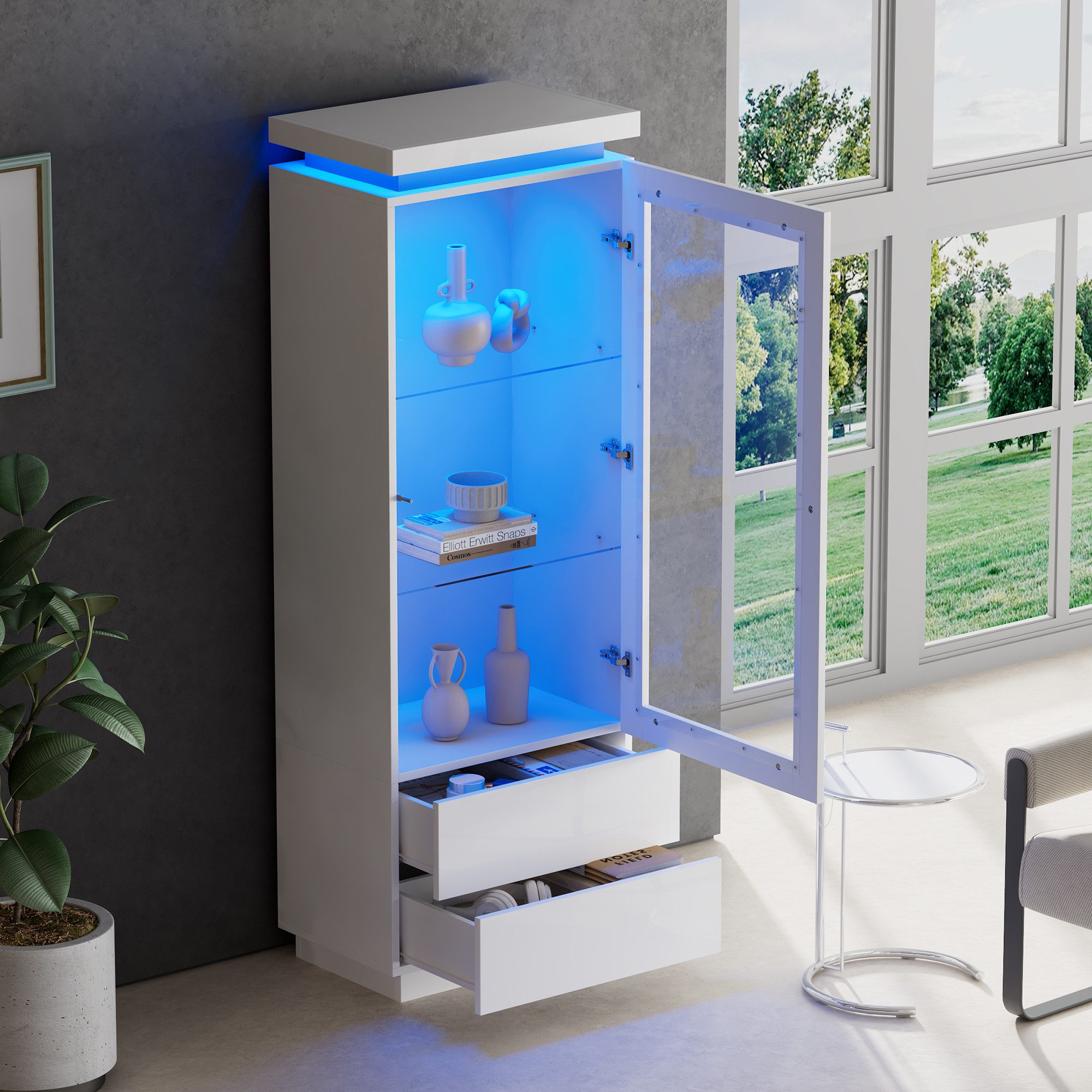 MODFU Vitrine LED-Hochschrank mit Acryl-Glastür (Wohnzimmerschrank, Standregal, 1-St., 2 Schubladen) für Deko oder Sammlungen