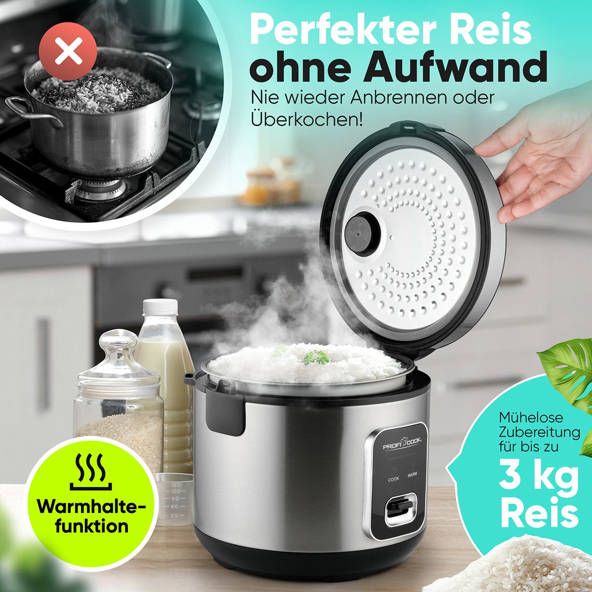 ProfiCook Reiskocher PC-RK 1285, Reiskocher für 3kg Reis, schnell & ohne Anbrennen