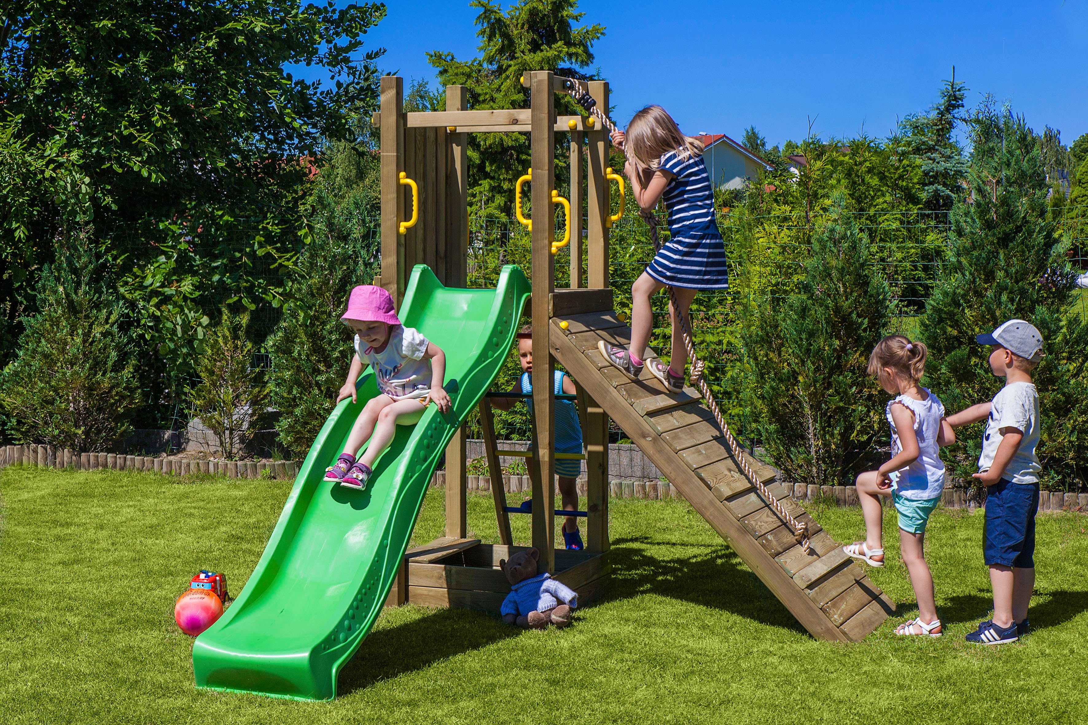 FUNGOO Spielturm FUNNY3 mit Rampe und Sandkaste, mit Schaukel & Rampe