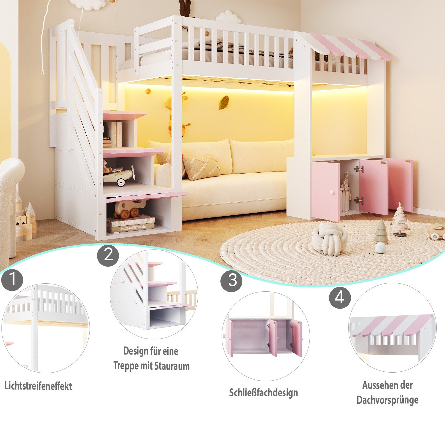 Celya Hochbett 90×200 cm, mit Stauraumtreppe, Mehrfarbiger LED-Lichtleiste (ohne Matratze, Traufendesign, Lattenrost, Einzelbett)