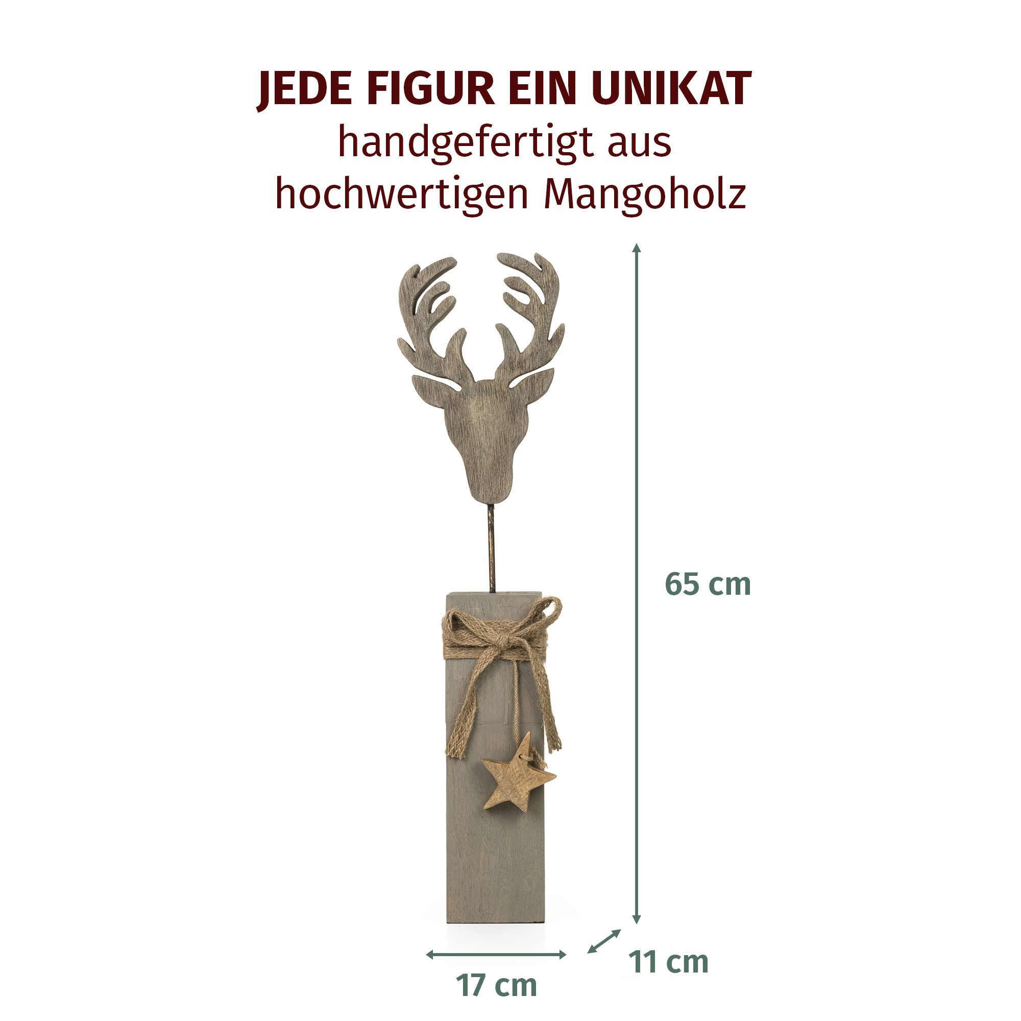 Moritz Skulptur Hirschkopf auf Mangoholzsockel 65 cm Weihnachten Dekofigur, Holz, Tischdeko, Fensterdeko, Wanddeko, Holzdeko, Weihnachtsdeko
