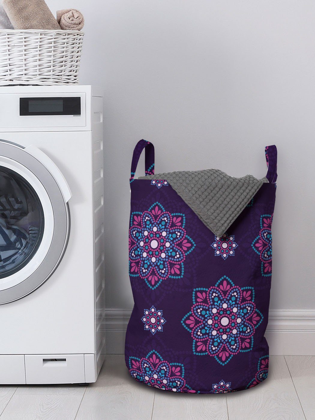 Wäschekorb Blumen-Mandala-Art Waschsalons, mit Dots Abstrakt für Griffen Wäschesäckchen Abakuhaus Kordelzugverschluss