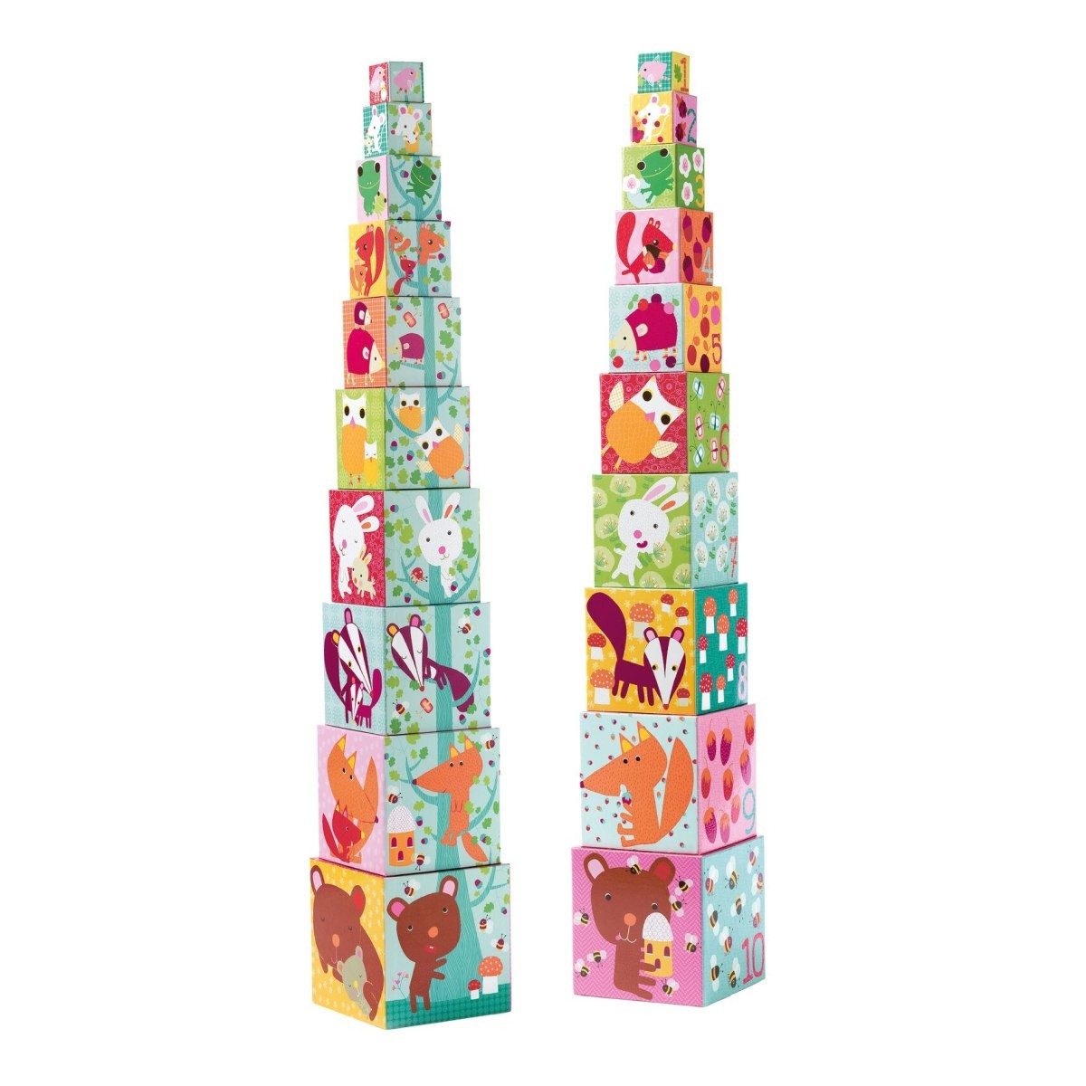 DJECO Stapelspielzeug Stapelturm mit 10 vielseitigen Würfeln und tollen Motiven