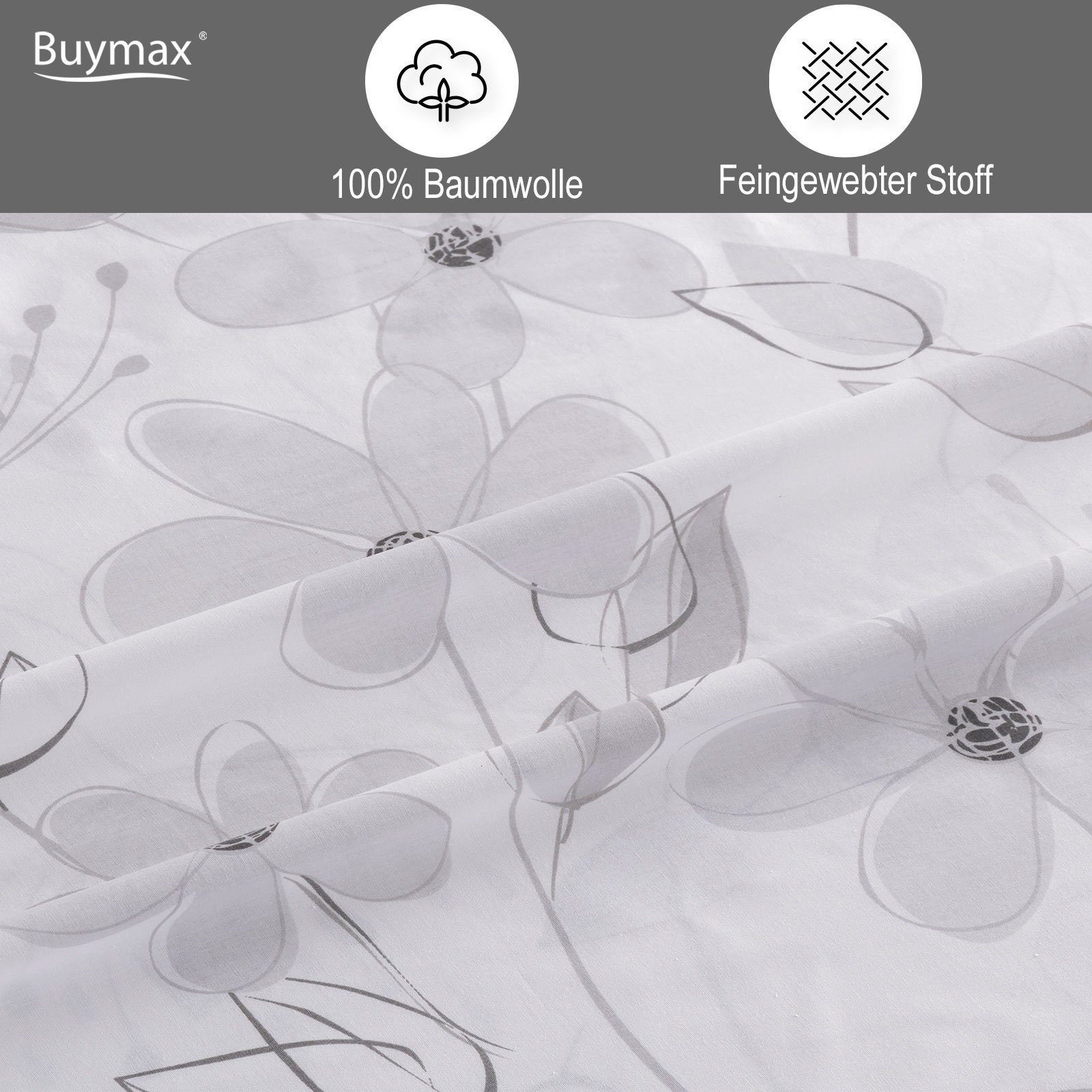 Buymax Bettwäsche Larissa, Renforce: 100% Baumwolle, 2 teilig, 135x200 cm mit Reißverschluss Bettbezug-Set geblümt Blumen, Weiß Grau