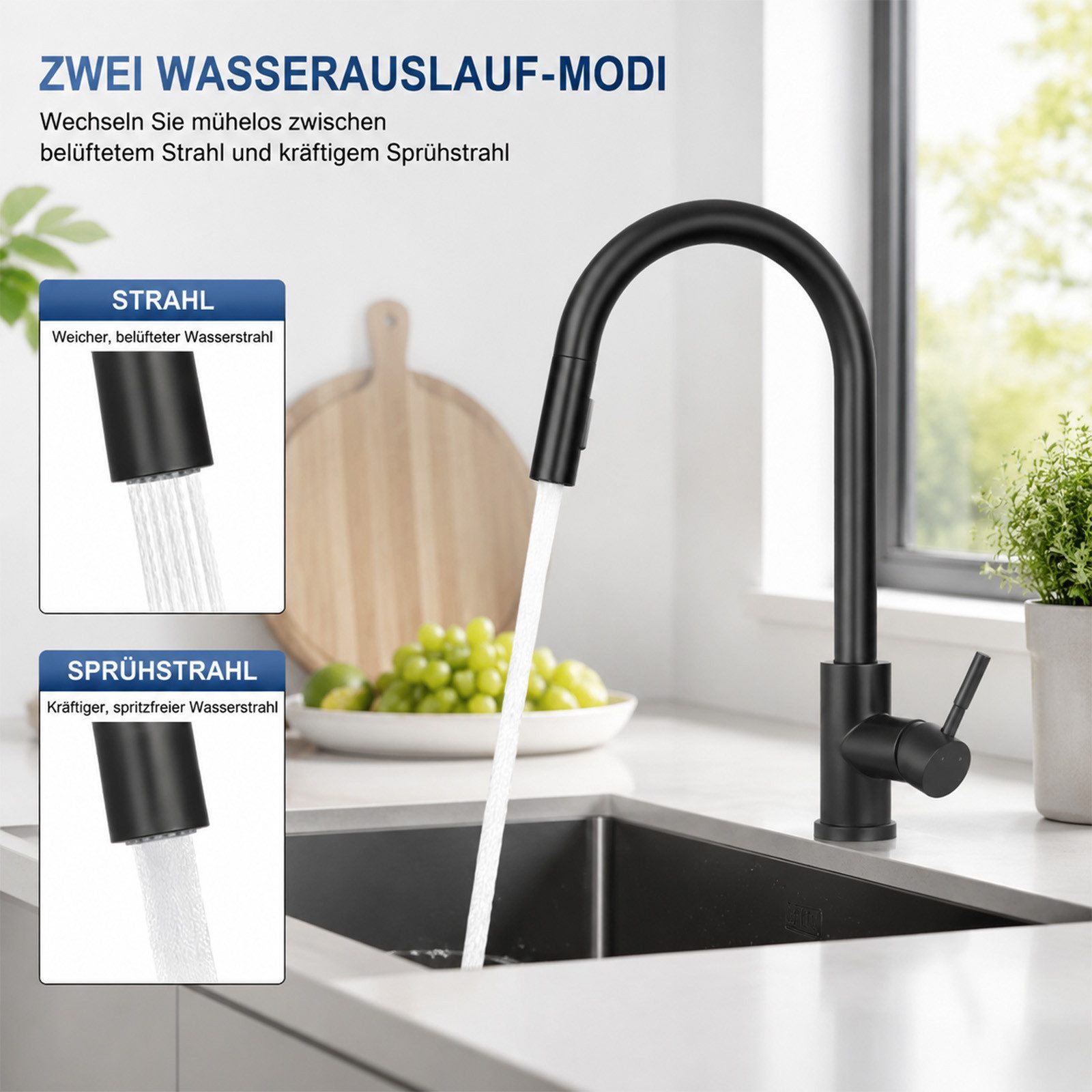 Ledklang Spültischarmatur Edelstahl 360° drehbar Ausziehbarer Brause 2 Strahlarten Küchenarmatur (1-St) für Einhebelmischer Mischbatterie Wasserhahn Küche – Bild 2 von 5