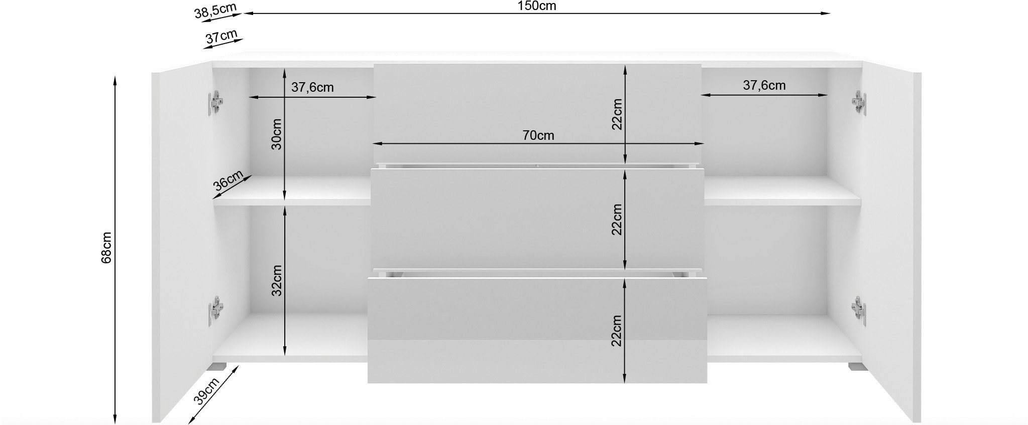 Home affaire Sideboard BERLIN, Moderne grifflose Kommode Breite 150 cm, 4 Schubkästen/ 2 Türen