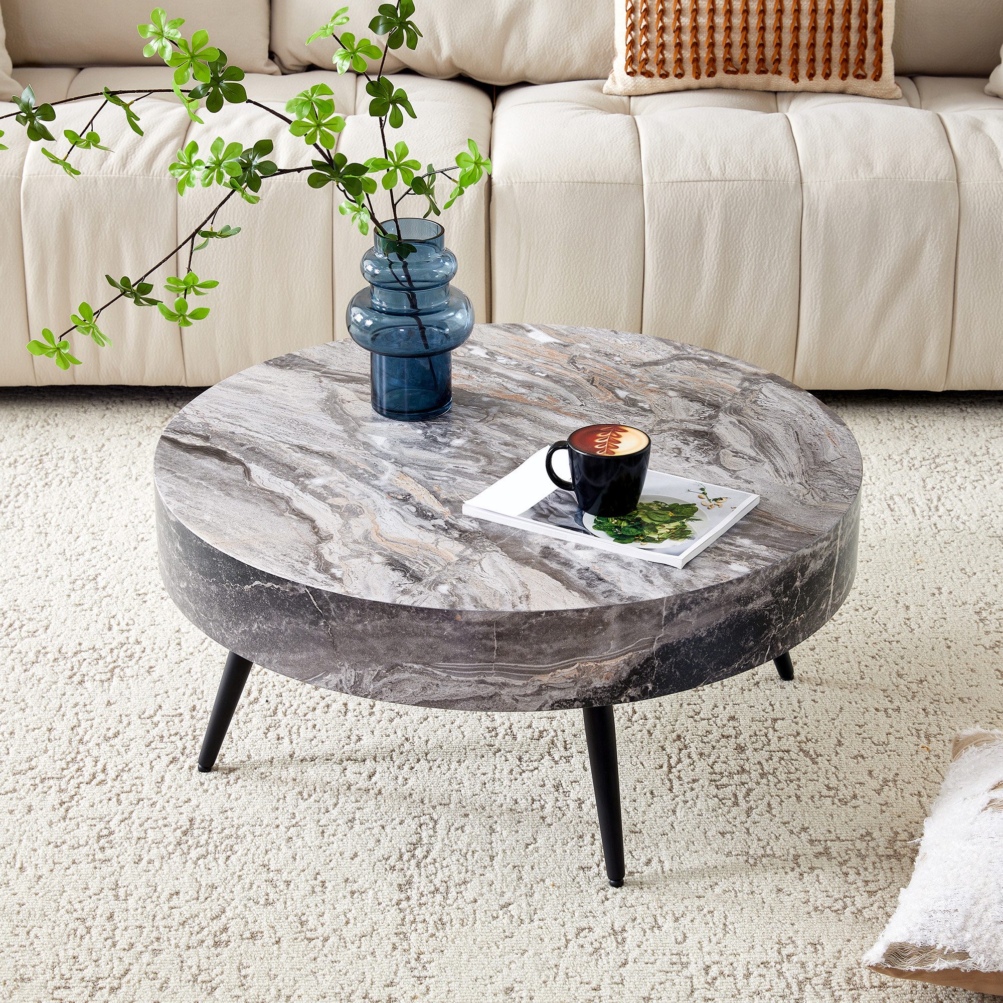 Odikalo Couchtisch Beistelltisch Kaffeetisch couchtisch rund (Runder Kaffeetisch mit 70 cm Durchmesser in grauer Marmoroptik (MDF) & schwarzen Metallbeinen. Minimalistisches Design, ideal für Wohnzimmer und kleine Räume)