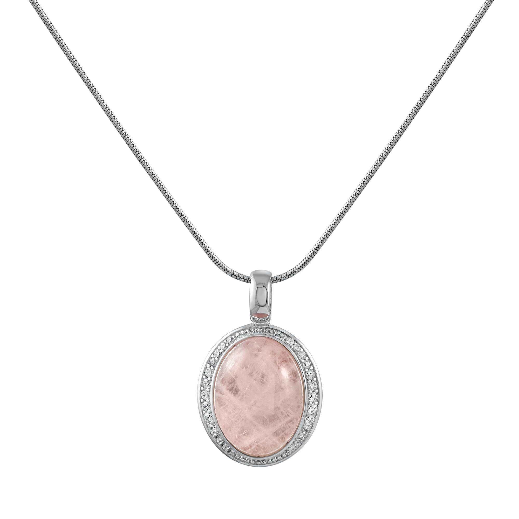 Zeeme Kette mit Anhänger Silber 925 rhodiniert Rosenquarz + Zirkonia