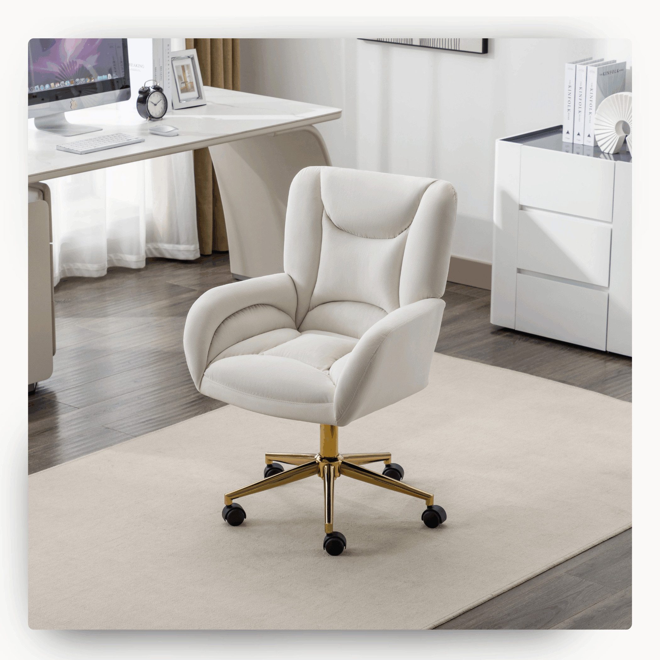 SeedWave Drehstuhl mit Rollen, Homeoffice Stuhl Höhenverstellbarer Sessel mit Kreuzfüßen, Samtstoff Schreibtischstuhl mit Metallbasis und Steppdesign