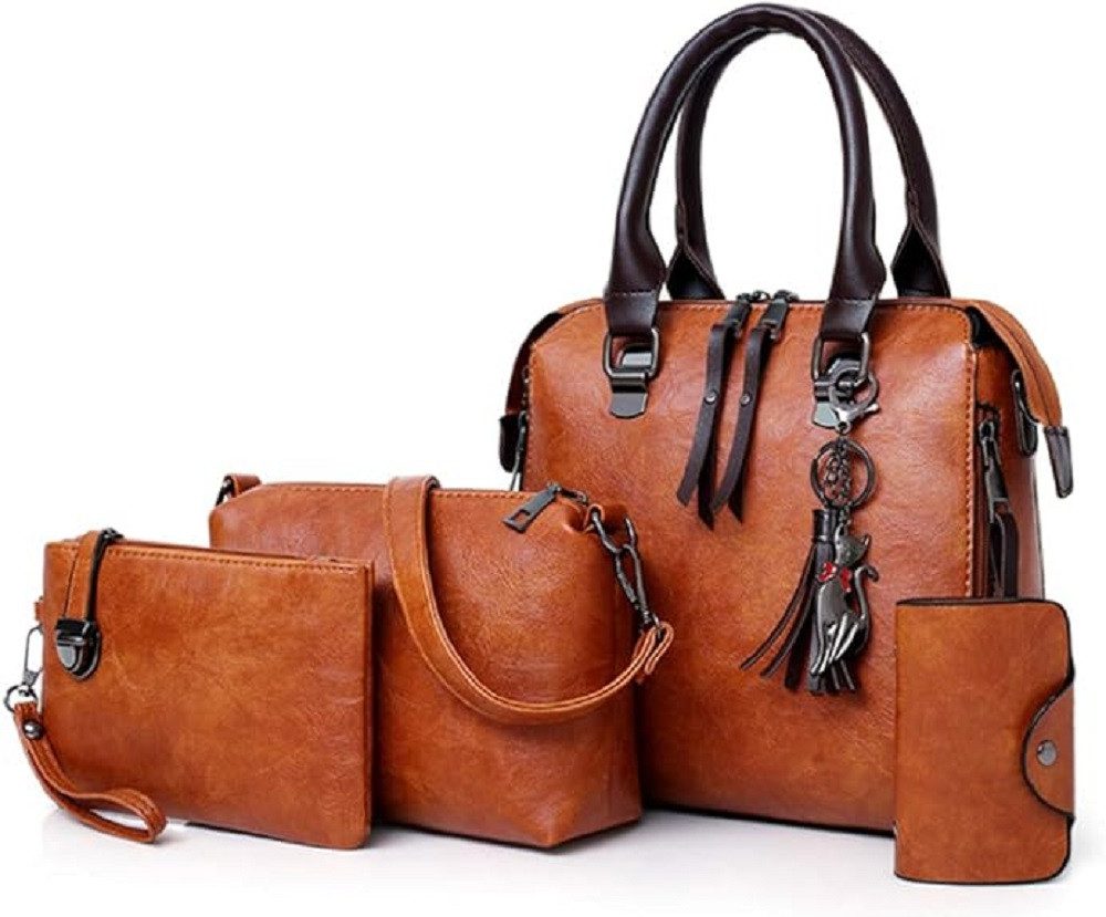 AURIVION Handtasche Damen Handtaschen Set Schwarz, Grün, Rot, Orange Shopper Tasche (Set, 4-tlg., Damen Shopper Tasche Set Geschenk, stilvoll & vielseitig), Elegante Schultertasche Umhängetasche mit Geldbörse Set