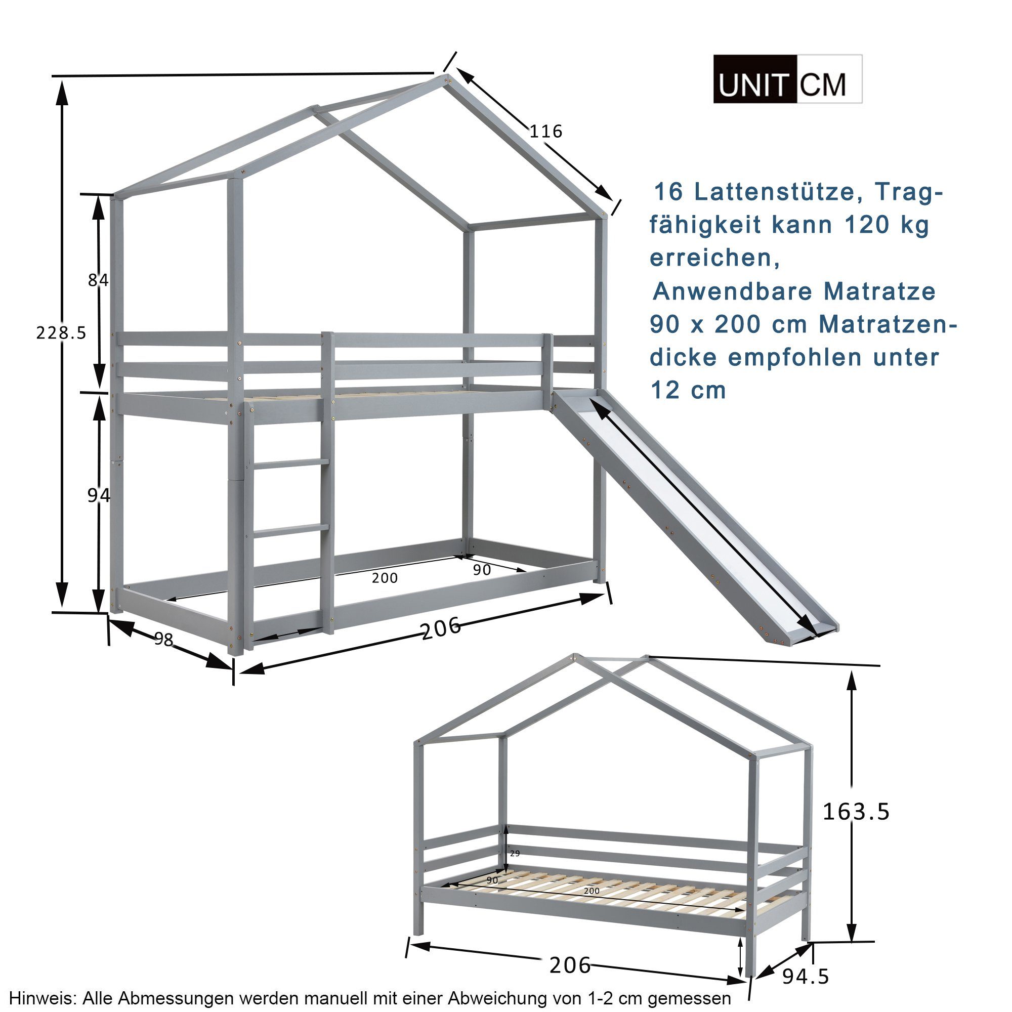 Etagenbett (Kinderbett Hausbett 90x200 cm), Hochbett mit Lattenrost, Rutsche, Rausfallschutz und Leiter, Kiefer