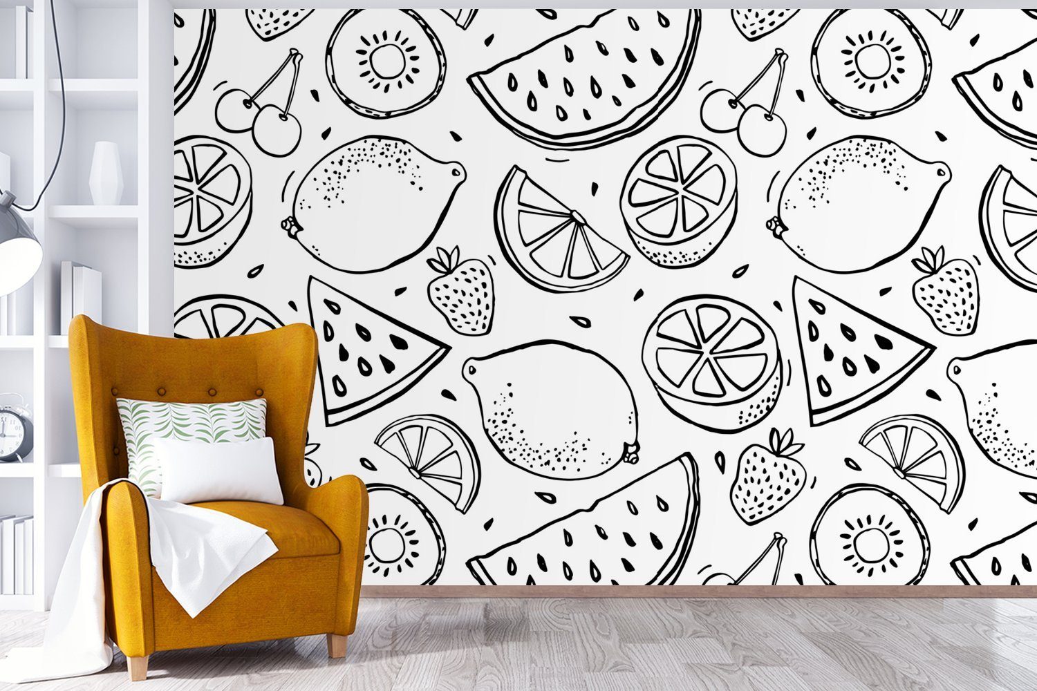 Weiß, MuchoWow Wallpaper bedruckt, für Fototapete (6 Schlafzimmer, - Vinyl Kiwi - Muster Matt, Schwarz - Tapete - St), Kinderzimmer, Wohnzimmer, Erdbeere