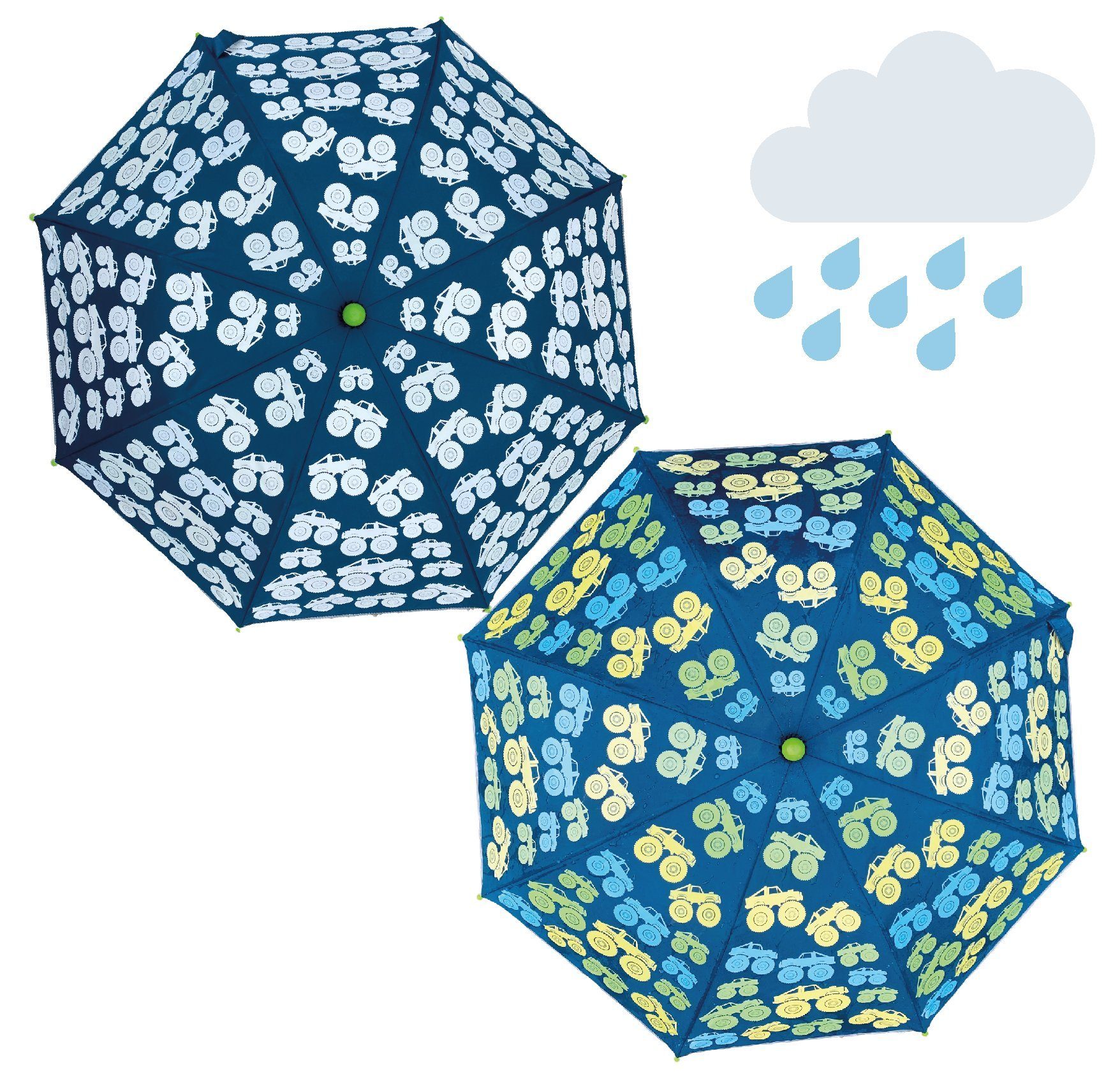 HECKBO Taschenregenschirm Magic Kinder Jungen Mädchen Regenschirm – wechselt bei Regen die Farbe – Faltregenschirm: passt in jeden Schulranzen – mit Reflektorstreifen an allen Seiten – Holzgriff, Schutzkappen & Schutzhülle