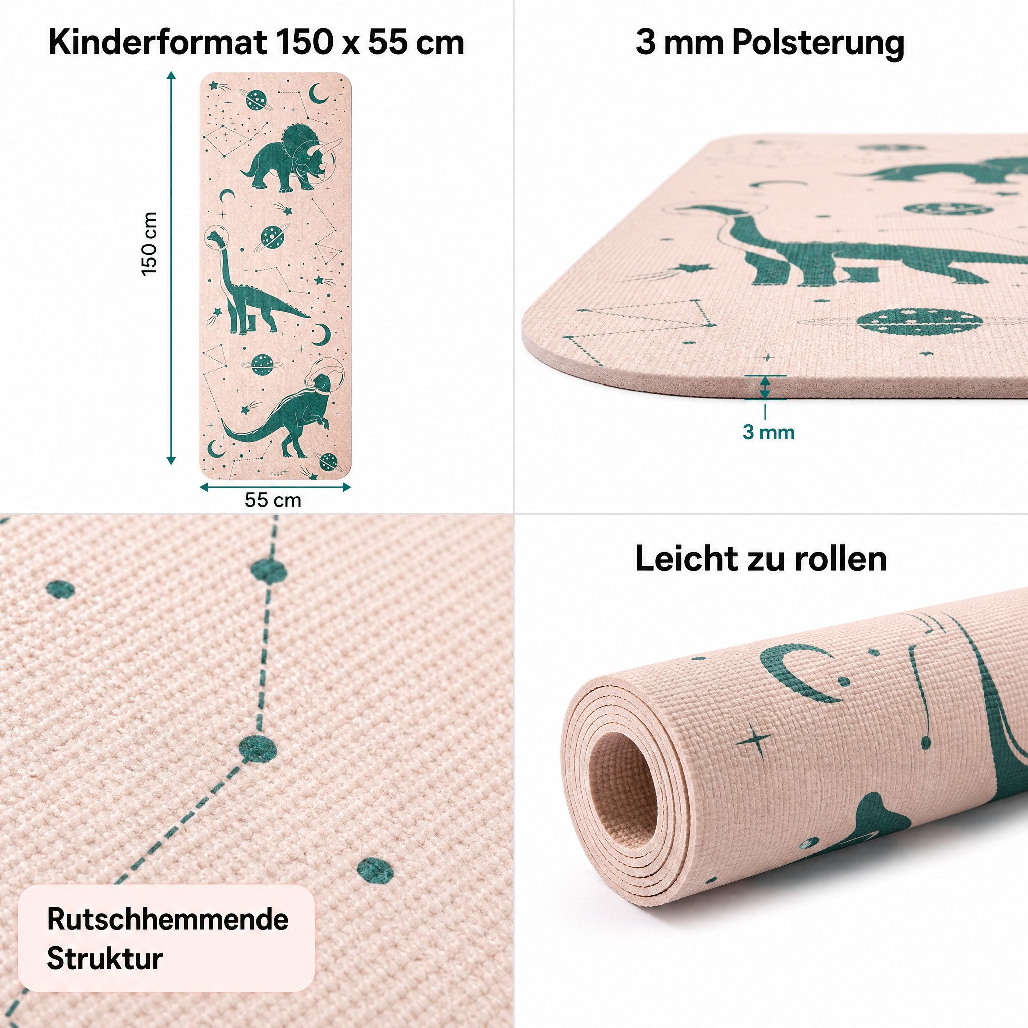 LK Trend & Style Yogamatte Kinder-Yogamatte (mit ansprechendem Dinosaurier- und Weltraummotiv., Gymnastik, Turnen, Pilates, Fitness), 3mm Stärke – Bild 3 von 5