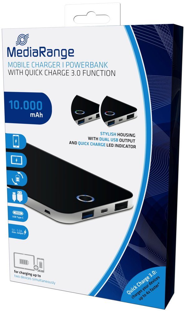 Mediarange Powerbank 10000 mAh Ladegerät USB Typ C 2x USB OUT schwarz Powerbank