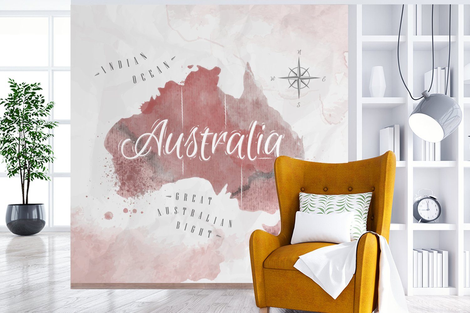 Wohnzimmer Matt, MuchoWow Australien - Karte (4 Kompass, für Küche, - Schlafzimmer Vliestapete bedruckt, Fototapete - Aquarell St), Fototapete